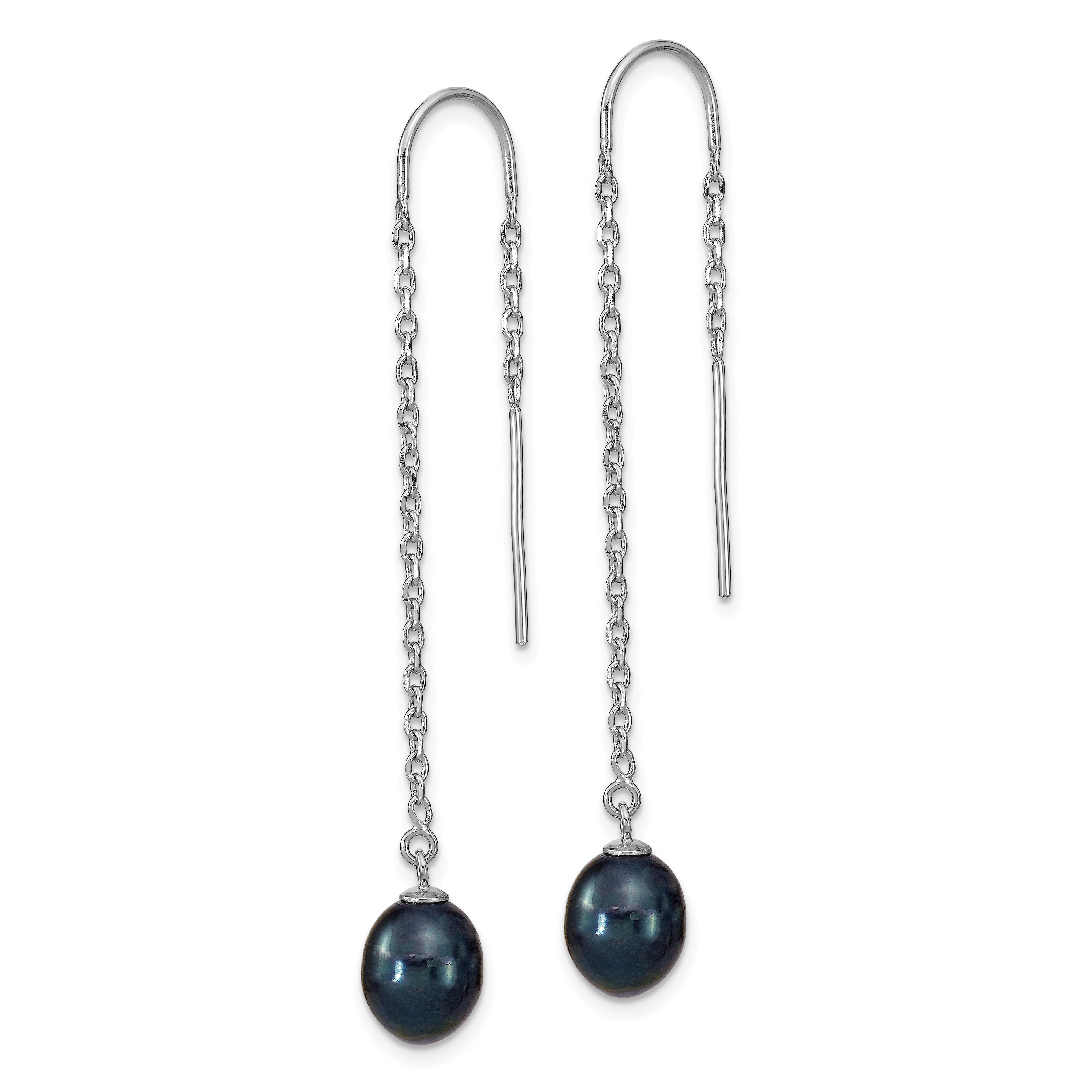 Sterling Silver Rhodium-plated 7-8mm Black Teardrop Freshwater Cultured Pearl Threader Earrings Secondary image