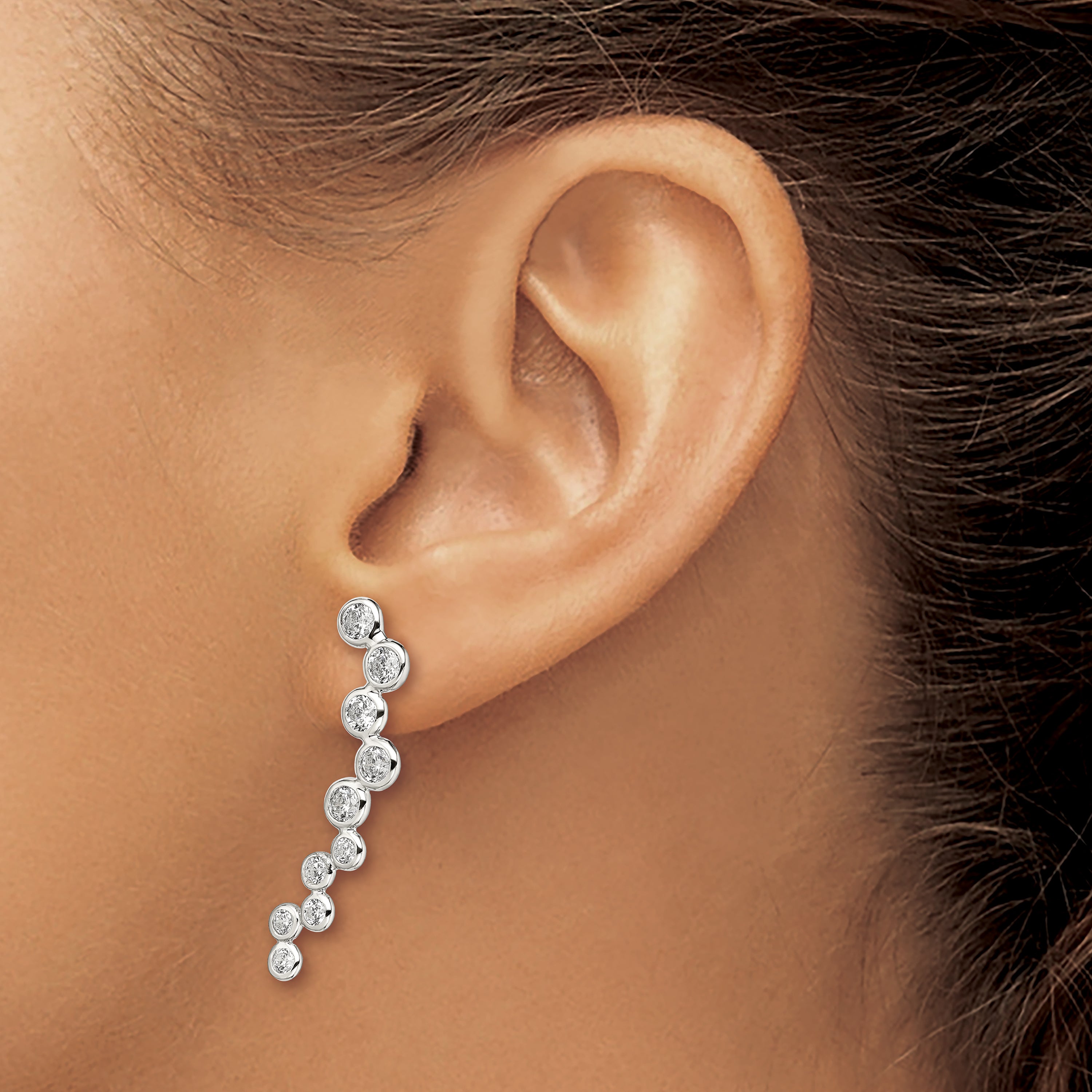 Sterling Silver Rhod-plated Polished Bezel CZ Post Ear Climber Earrings