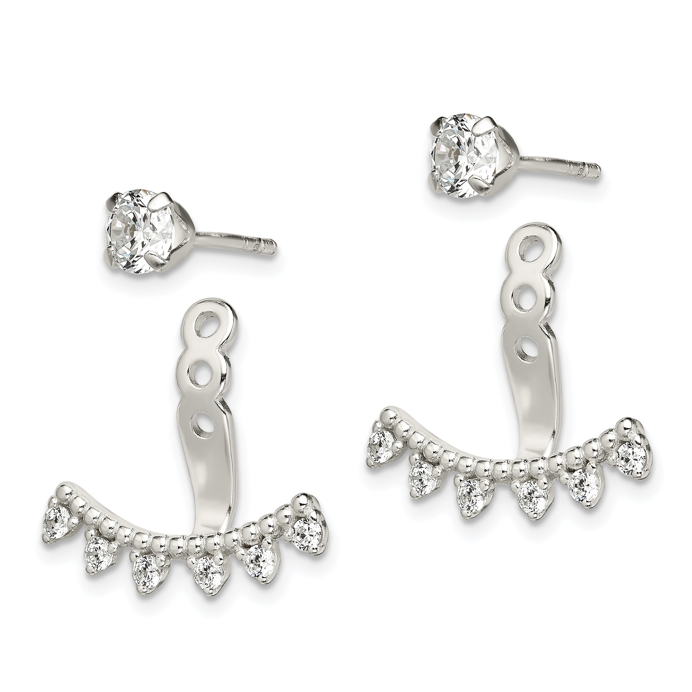 Sterling Silver Polished Beaded Curve & CZ Front & Back Post Earrings Secondary image