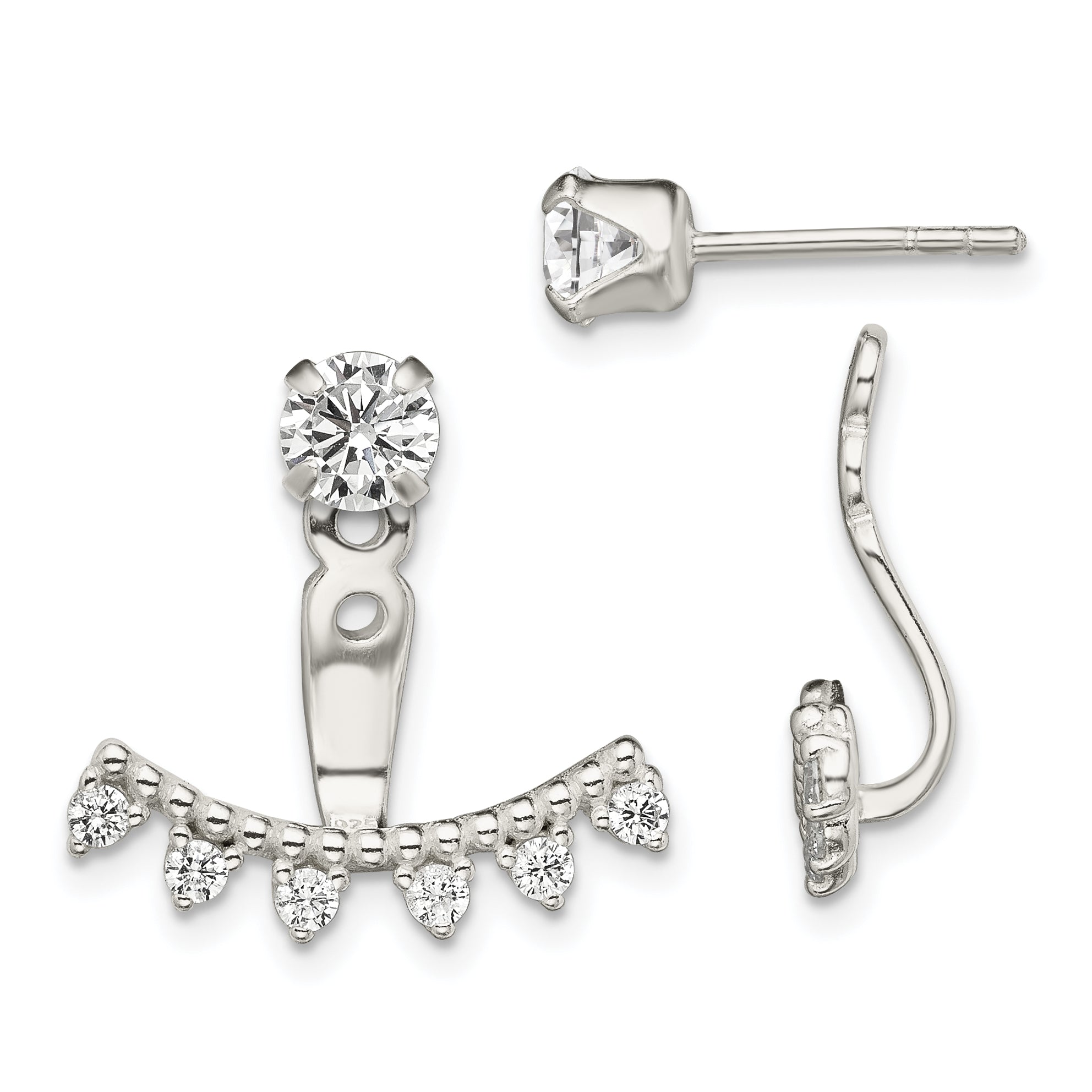 Sterling Silver Polished Beaded Curve & CZ Front & Back Post Earrings Main image
