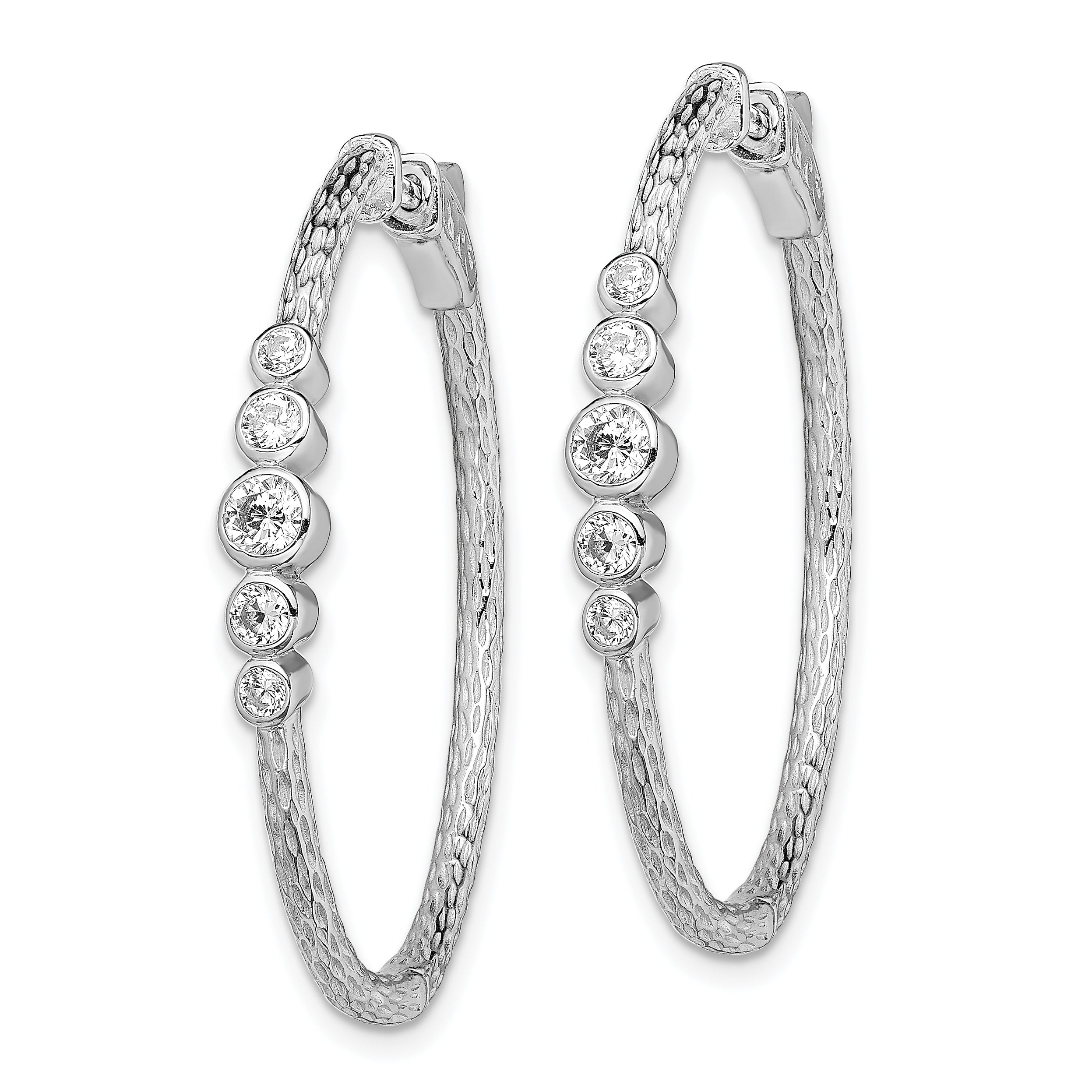 Sterling Silver Rhodium-plated CZ Textured Hoop Earrings Secondary image