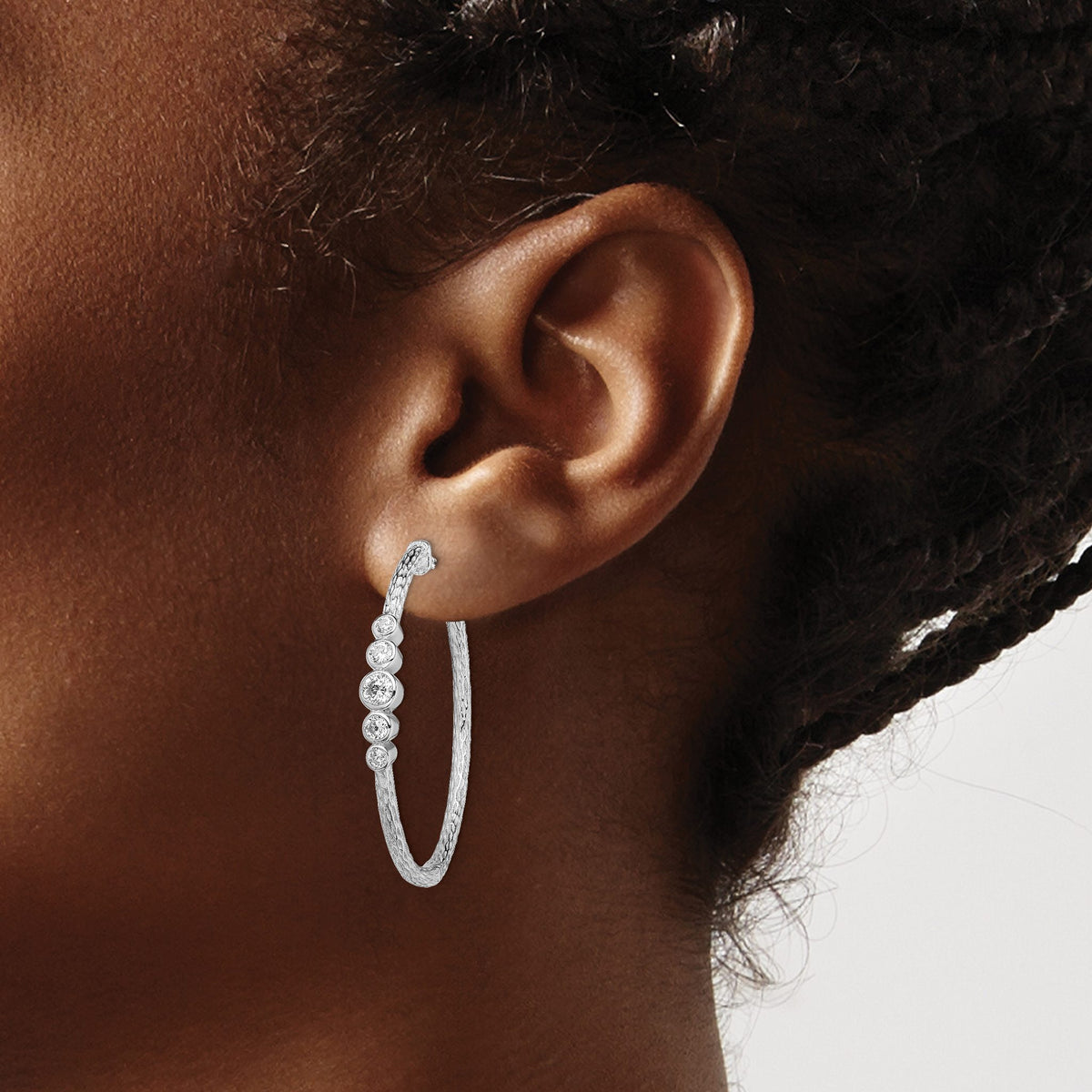 Cubic Zirconia Hoop Earrings in Sterling Silver, 36mm Textured Hinged - Sophia Jewelers