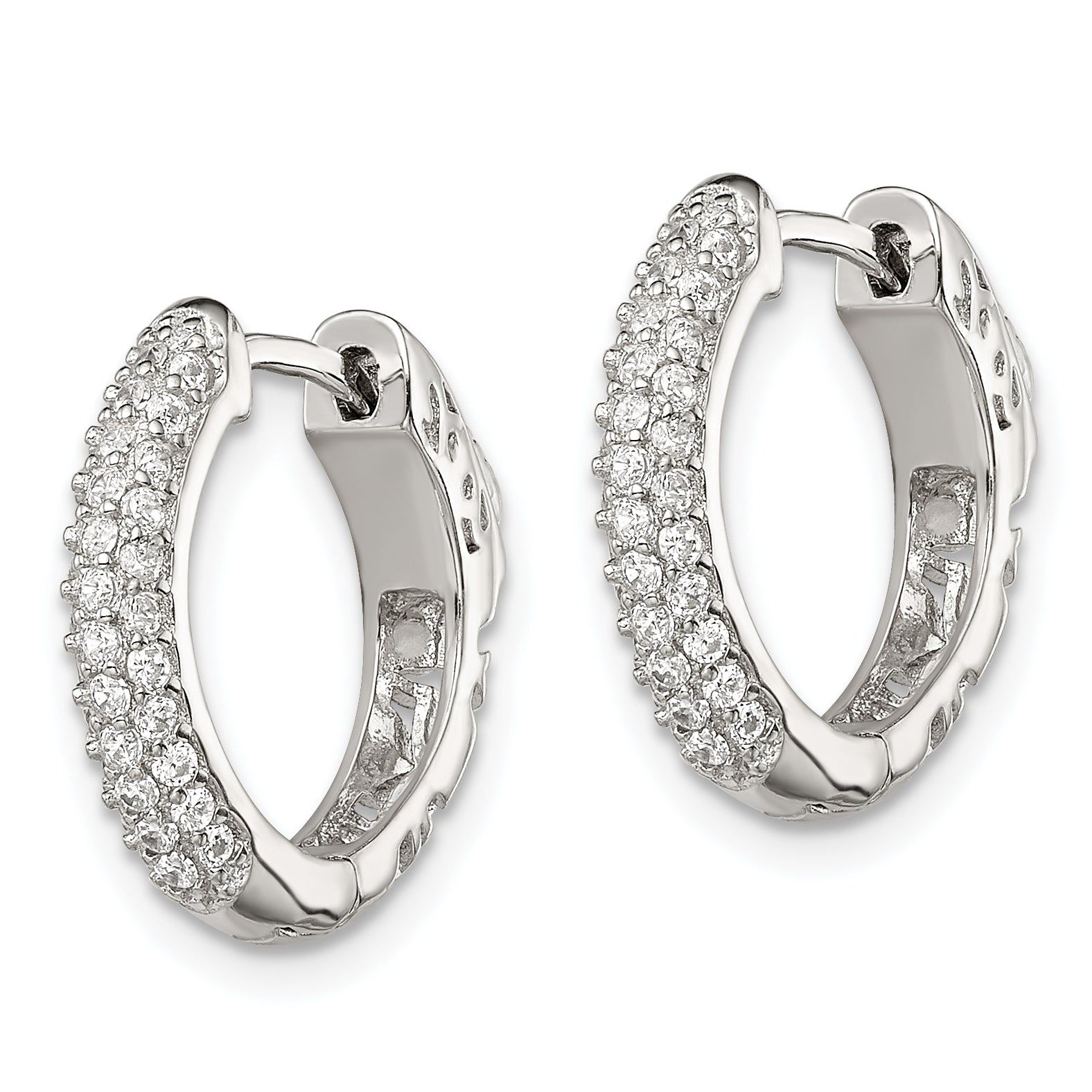 Sterling Silver Rhod-plated Pav‚ CZ Safety Lock Hinged Hoop Earrings