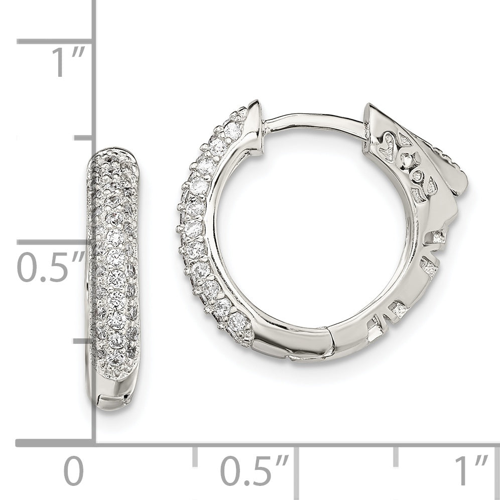 Sterling Silver Rhod-plated Pav‚ CZ Safety Lock Hinged Hoop Earrings