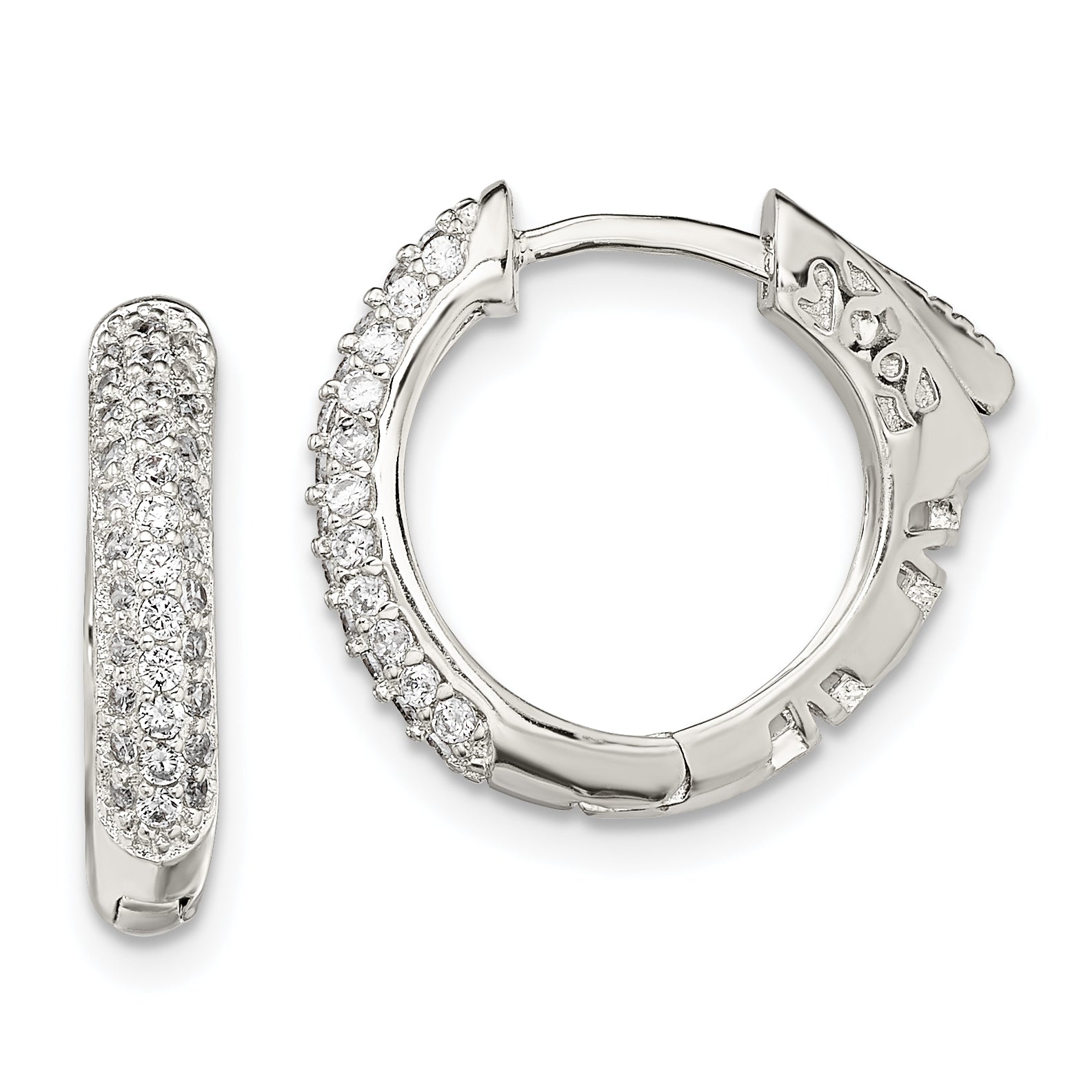 Sterling Silver Rhod-plated Pav‚ CZ Safety Lock Hinged Hoop Earrings