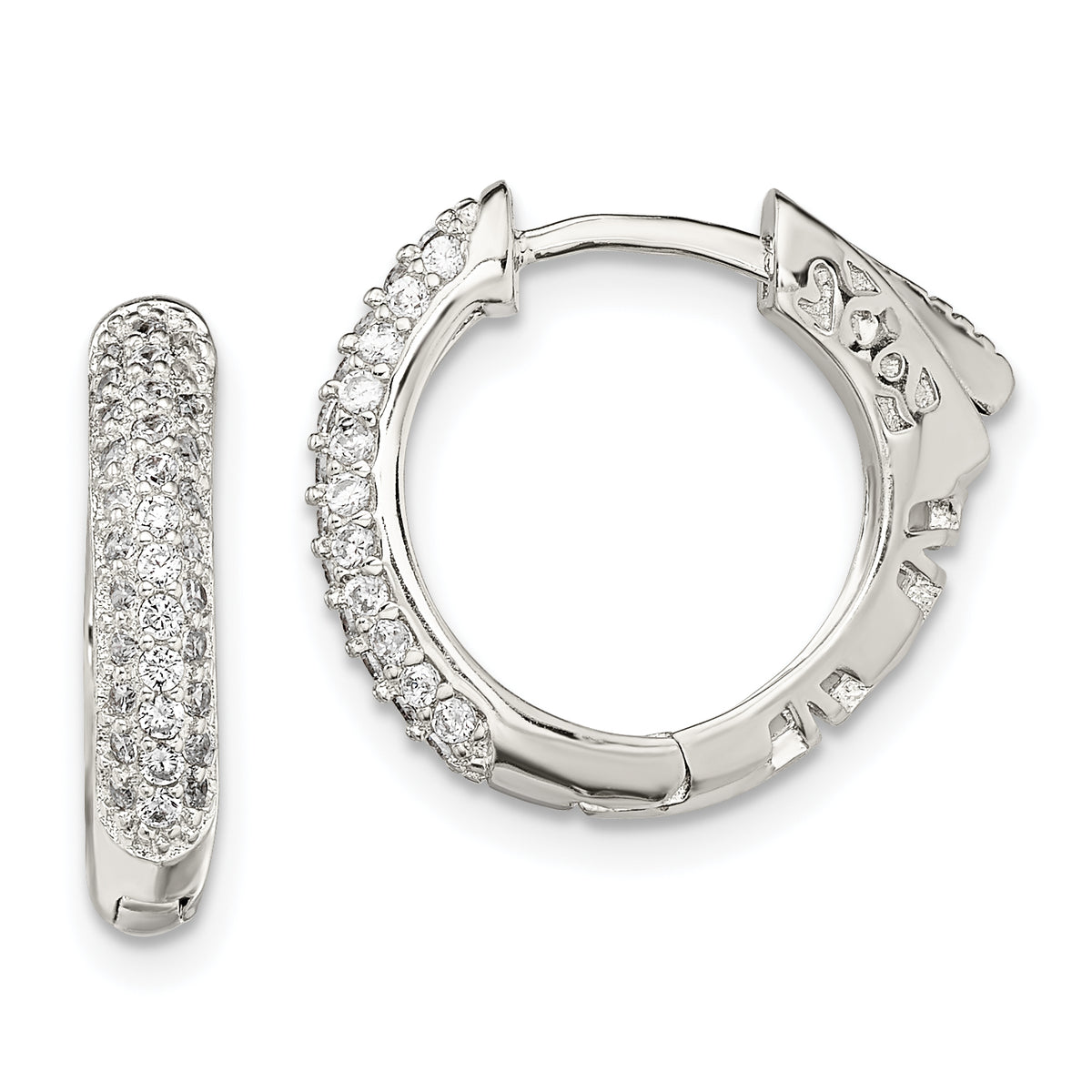 Sterling Silver Rhod-plated Pav‚ CZ Safety Lock Hinged Hoop Earrings