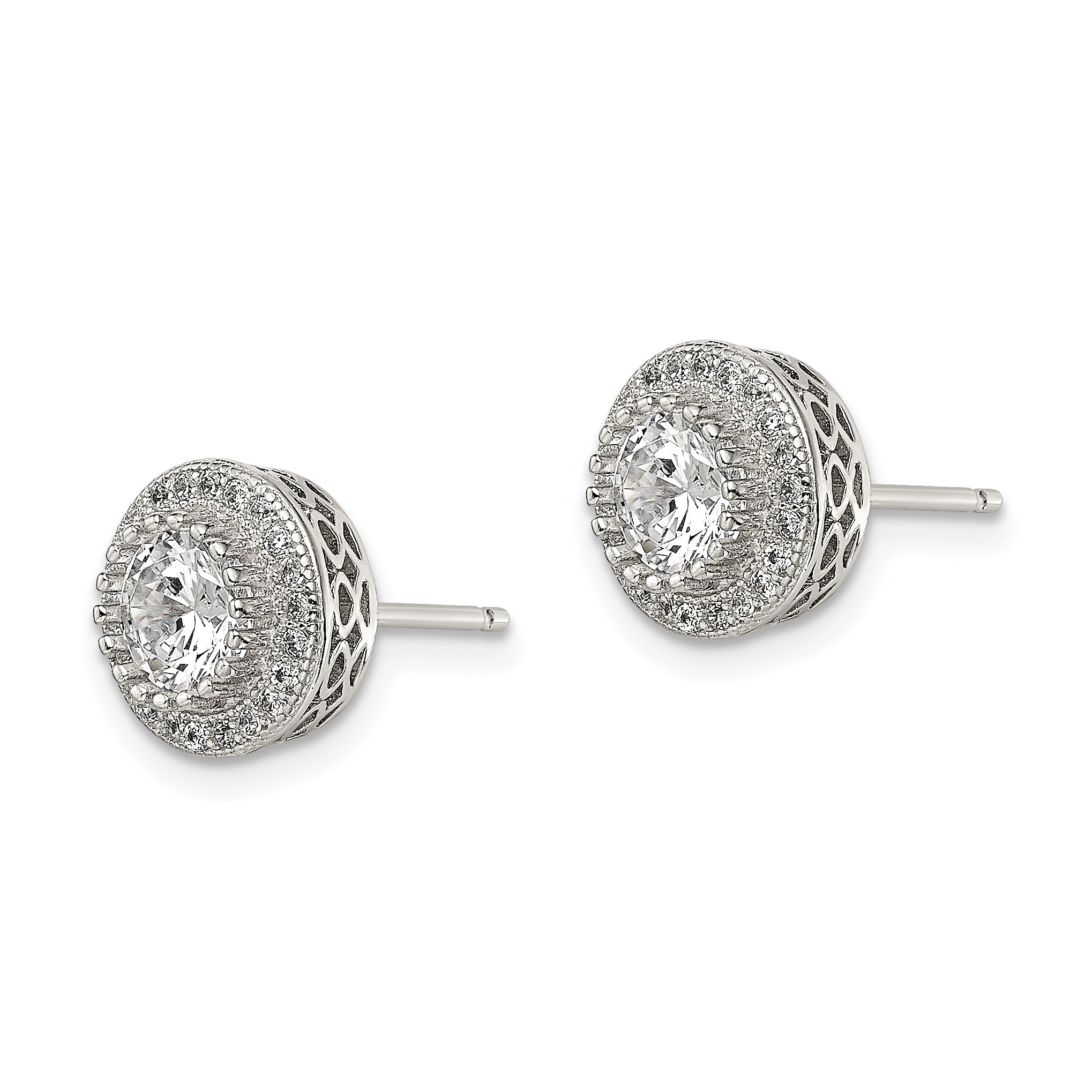 Sterling Silver Rhod-plated Polished Pavâ CZ Halo Round Post Earrings Secondary image