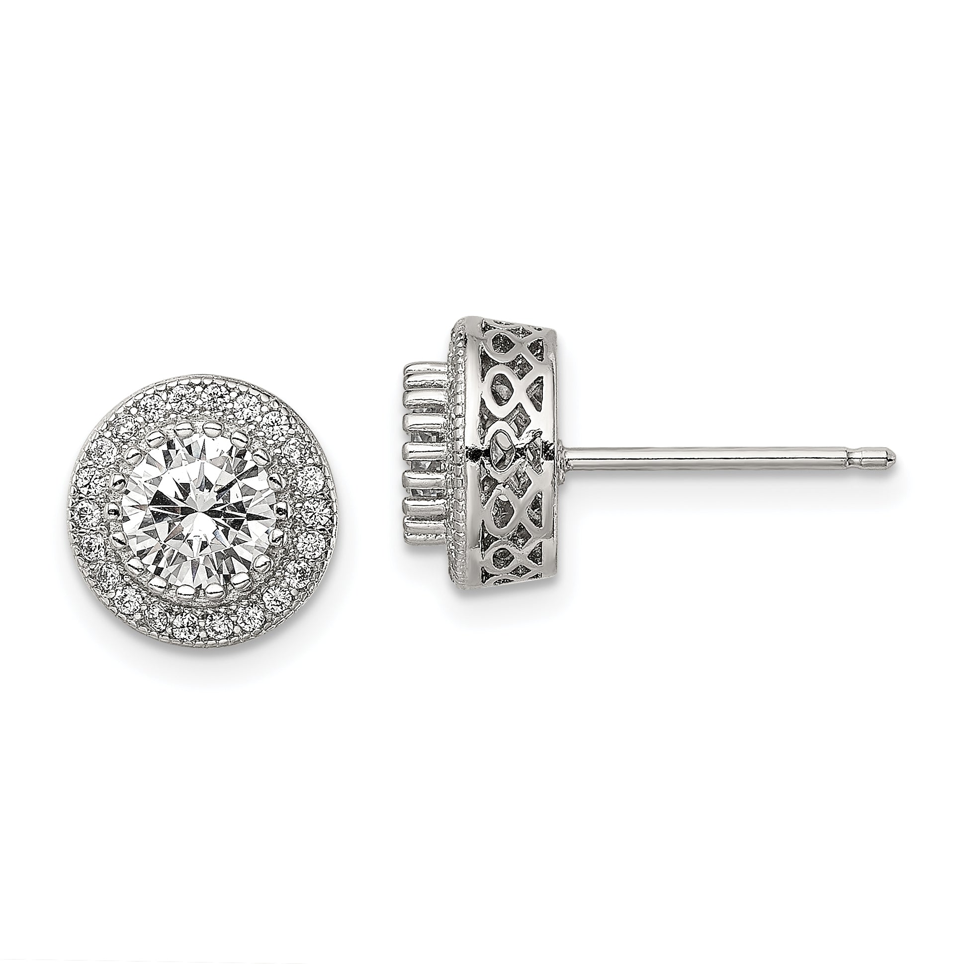 Sterling Silver Rhod-plated Polished Pav‚ CZ Halo Round Post Earrings Main image
