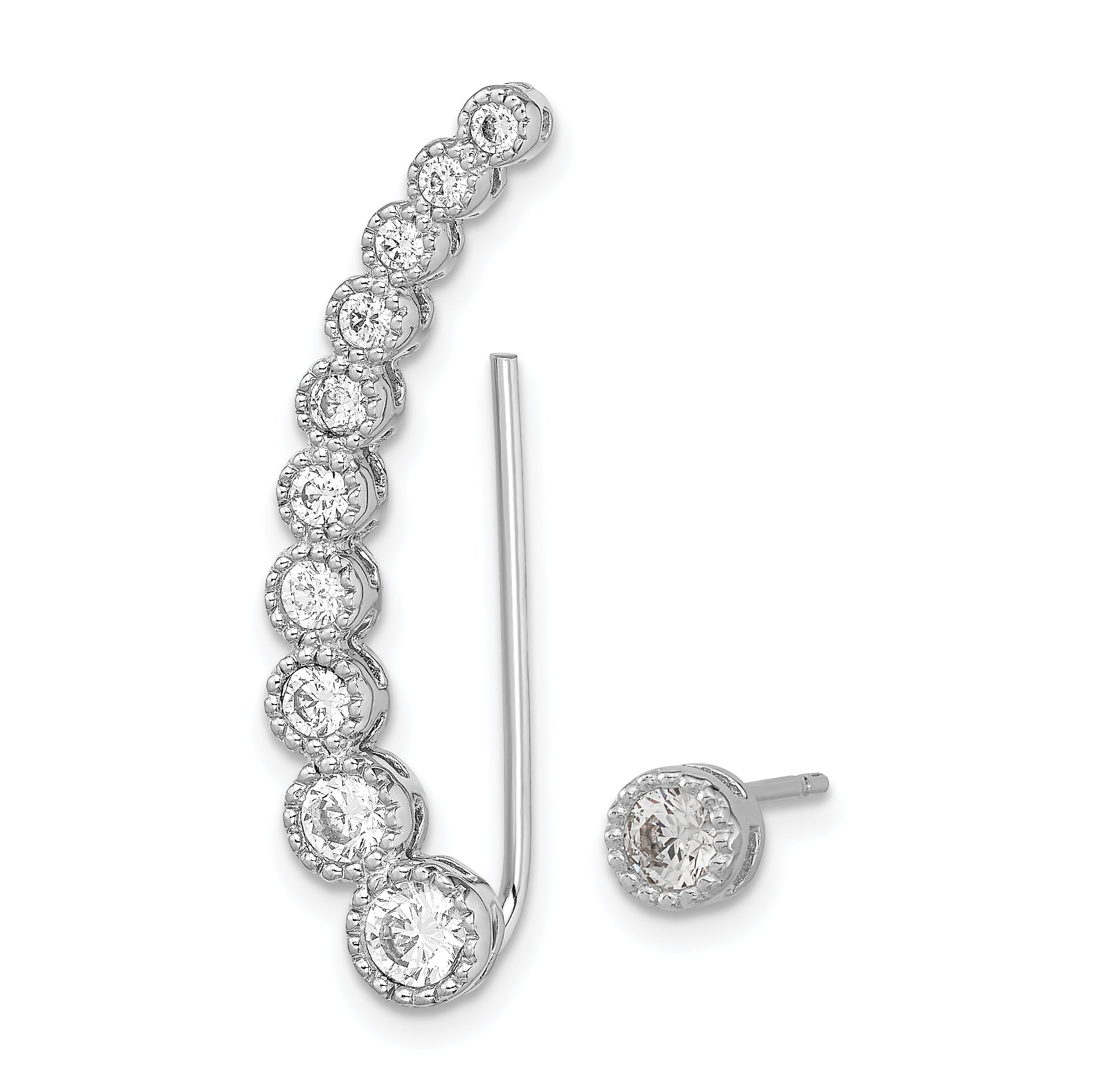 Sterling Silver RH-plated Polished & Textured CZ 1 Ear Climber & 1 Stud Ear Secondary image