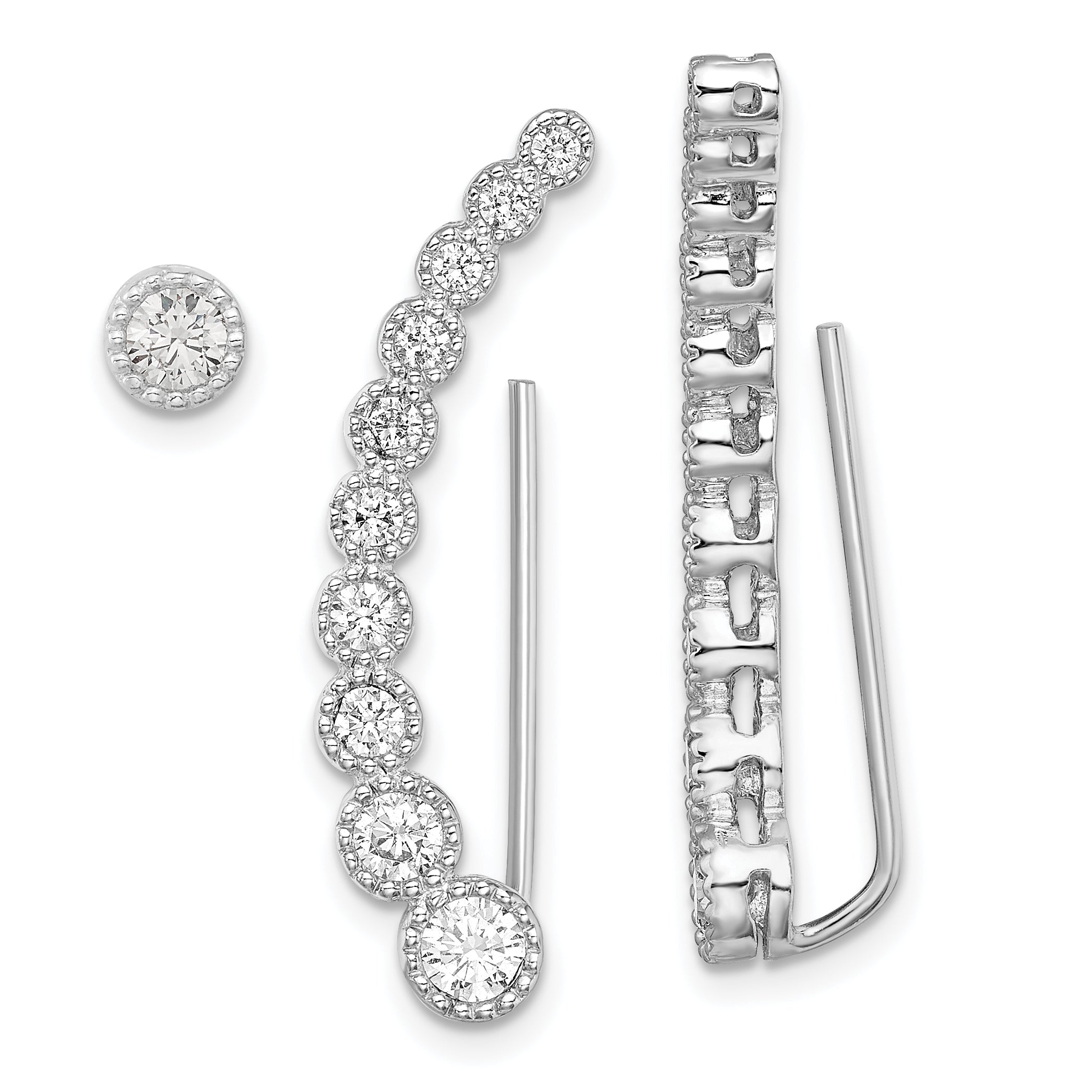 Sterling Silver RH-plated Polished & Textured CZ 1 Ear Climber & 1 Stud Ear Main image