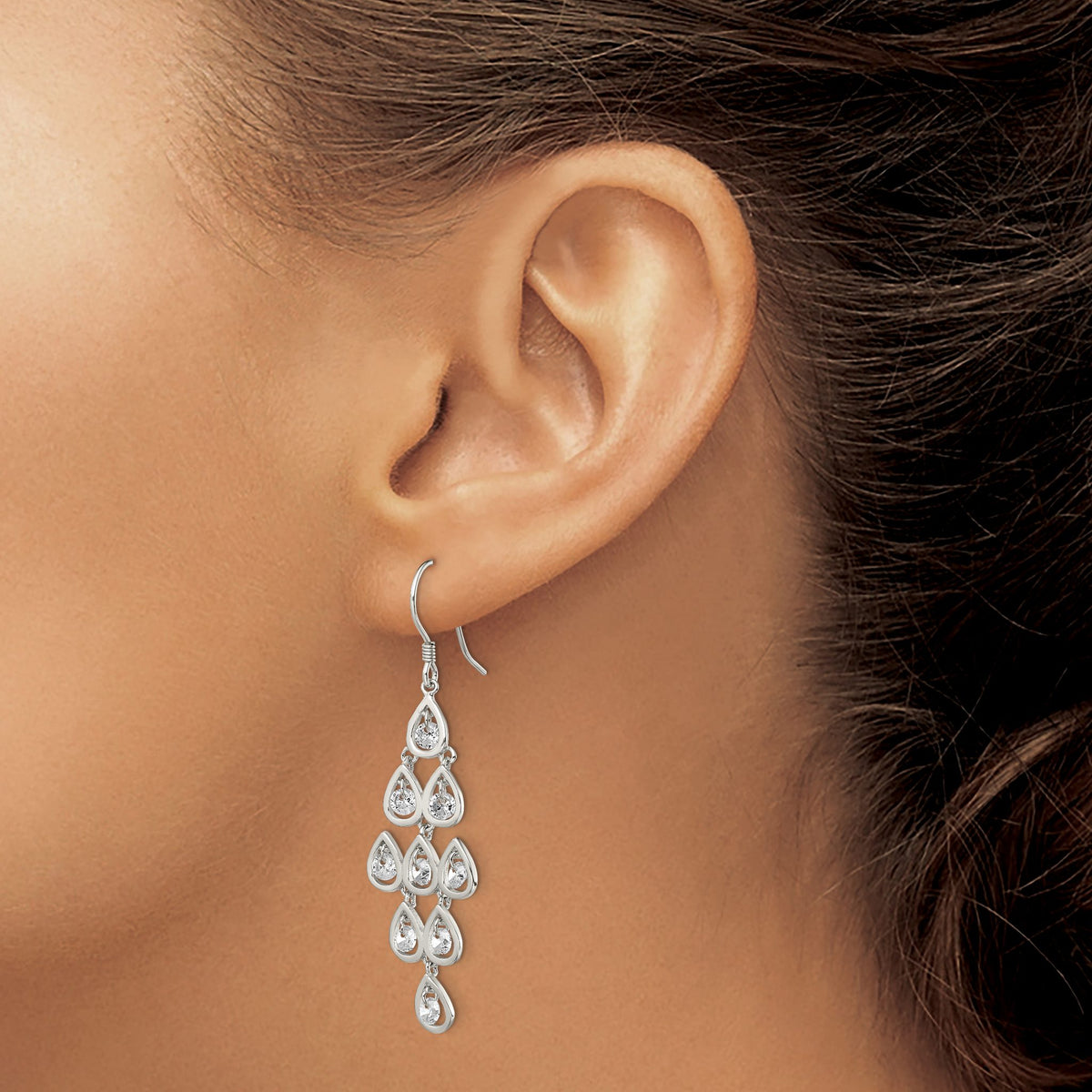 Rh-Pltd Fancy Pear Cubic Zirconia Dangle Chandelier Earrings in Sterling Silver - Sophia Jewelers