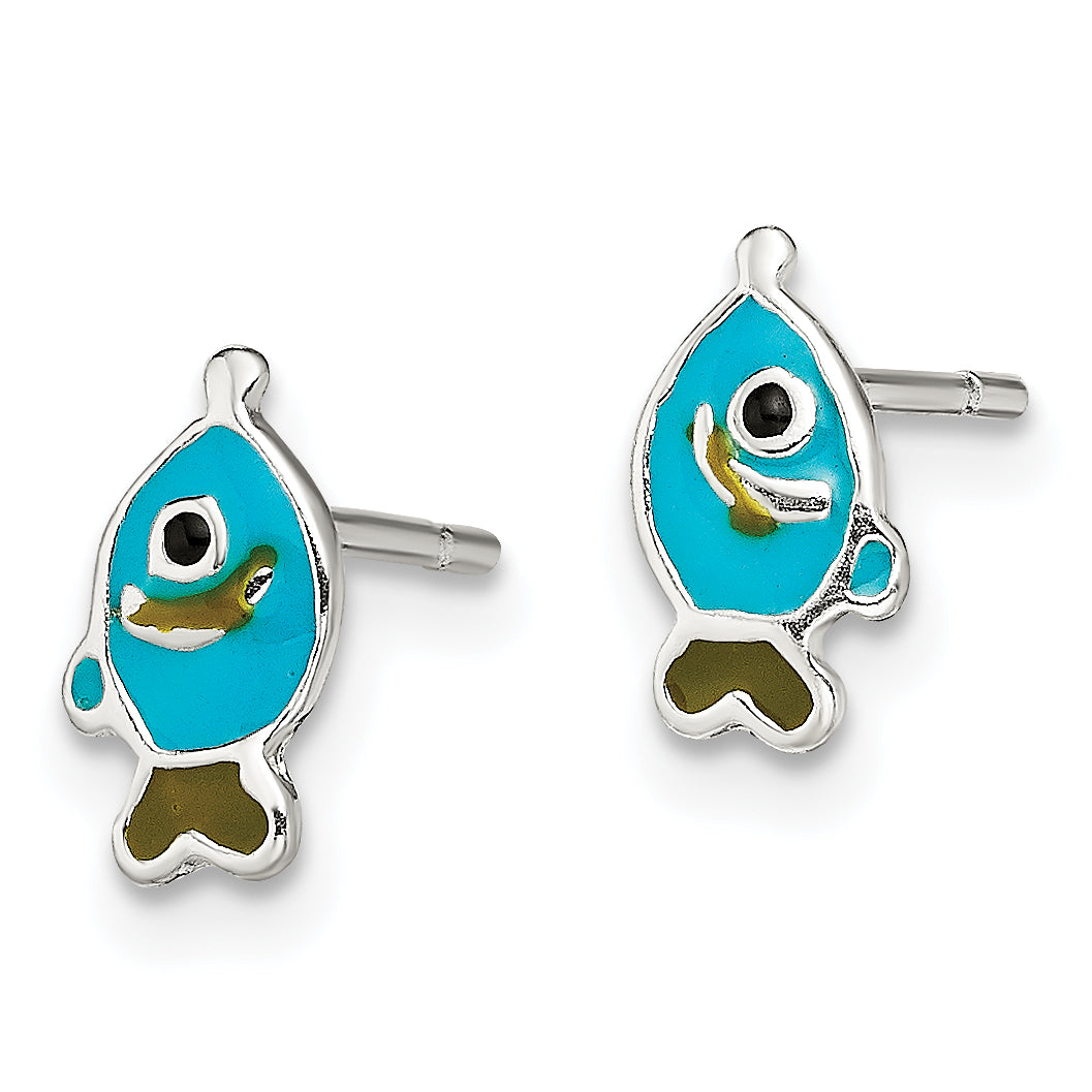 Sterling Silver Polished Enameled Fish Post Earrings Secondary image