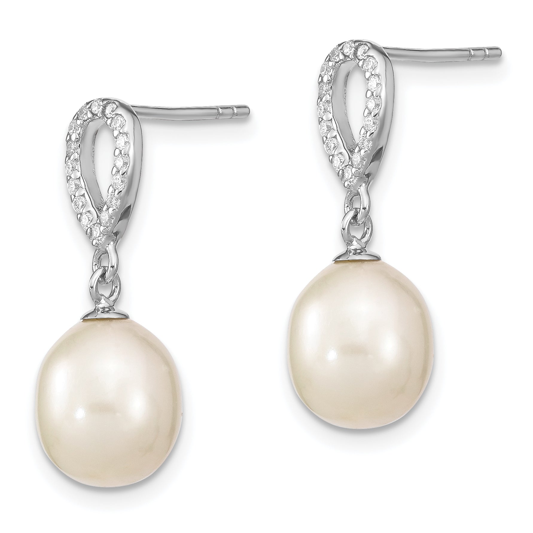 Sterling Silver Rhodium-plated 8-9mm White Rice Freshwater Cultured Pearl and CZ Post Dangle Earrings Secondary image