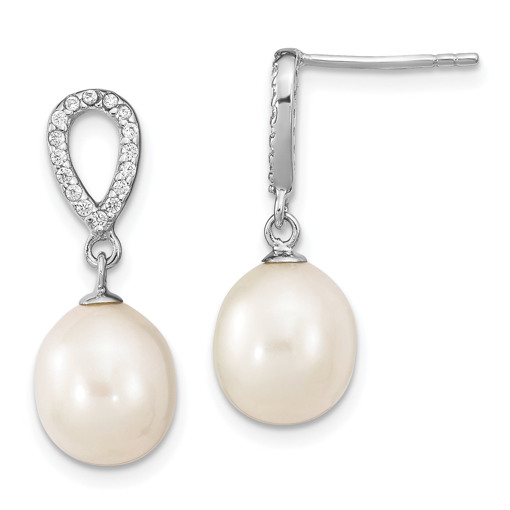 Sterling Silver Rhodium-plated 8-9mm White Rice Freshwater Cultured Pearl and CZ Post Dangle Earrings Main image