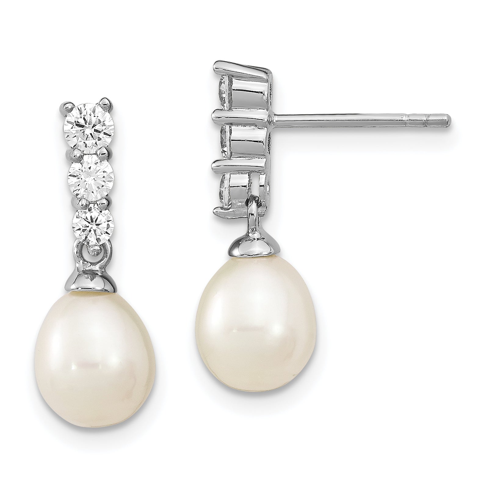 Sterling Silver Rhodium-plated 7-8mm White Rice Freshwater Cultured Pearl and CZ Post Dangle Earrings Main image