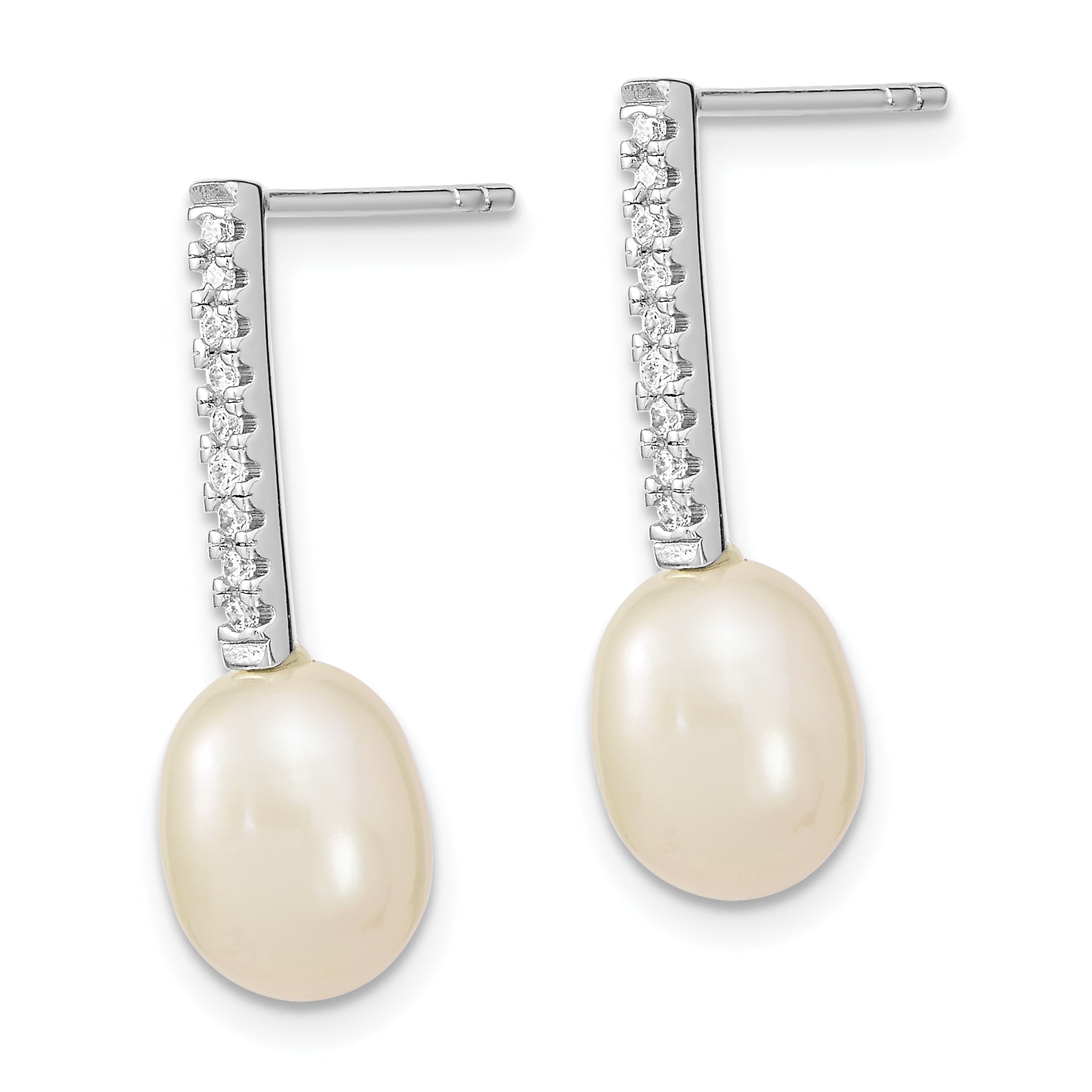 Sterling Silver Rhodium-plated 8-9mm White Rice Freshwater Cultured Pearl and CZ Post Dangle Earrings Secondary image