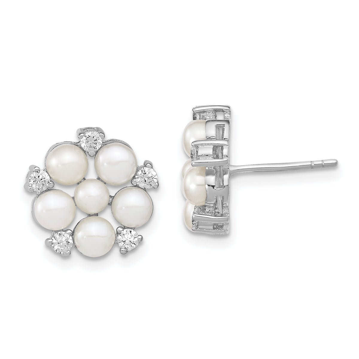Sterling Silver Rhodium-plated 3-5mm White Button Freshwater Cultured Pearl and CZ Flower Post Earrings