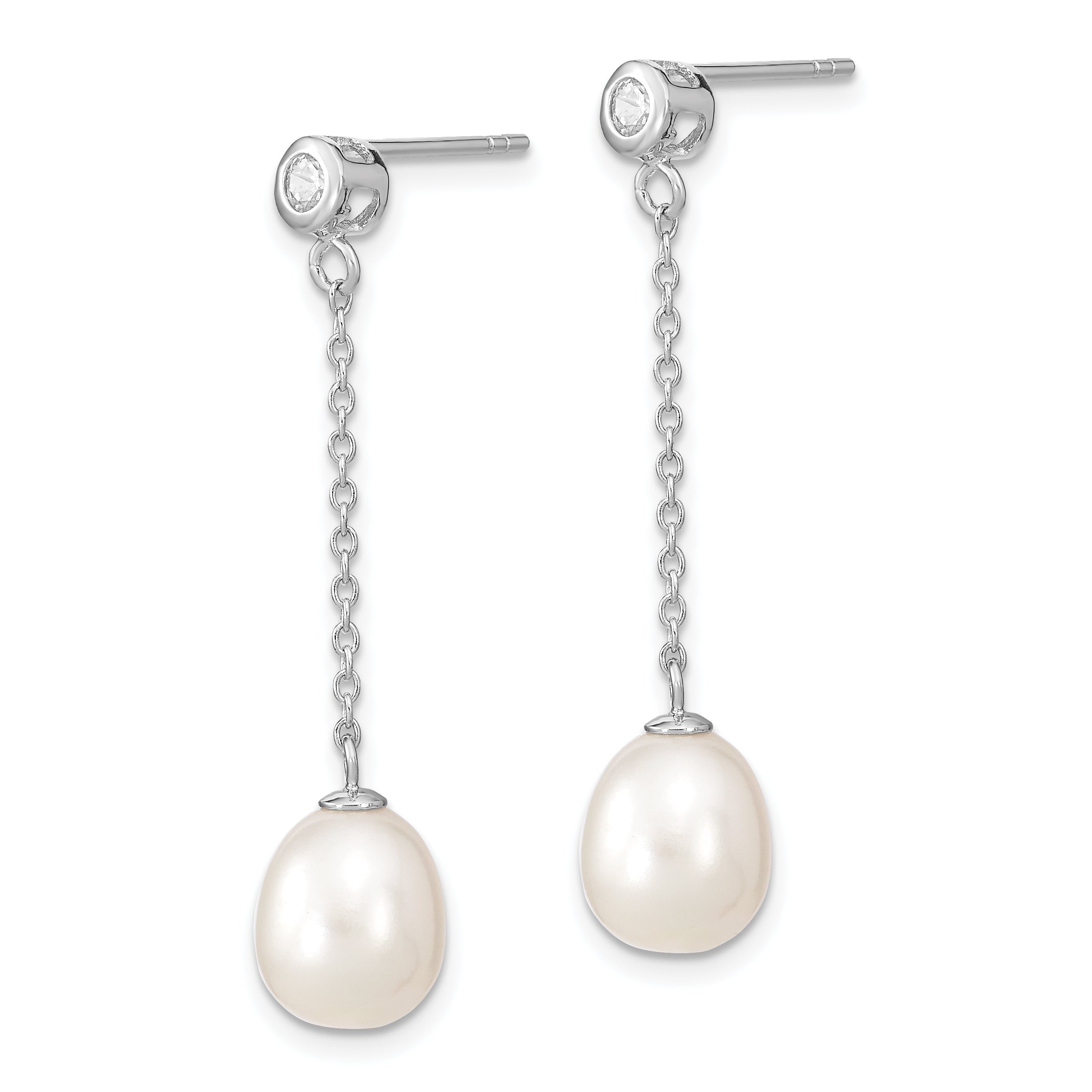Sterling Silver Rhodium-plated 8-9mm White Rice Freshwater Cultured Pearl and CZ Post Dangle Earrings Secondary image