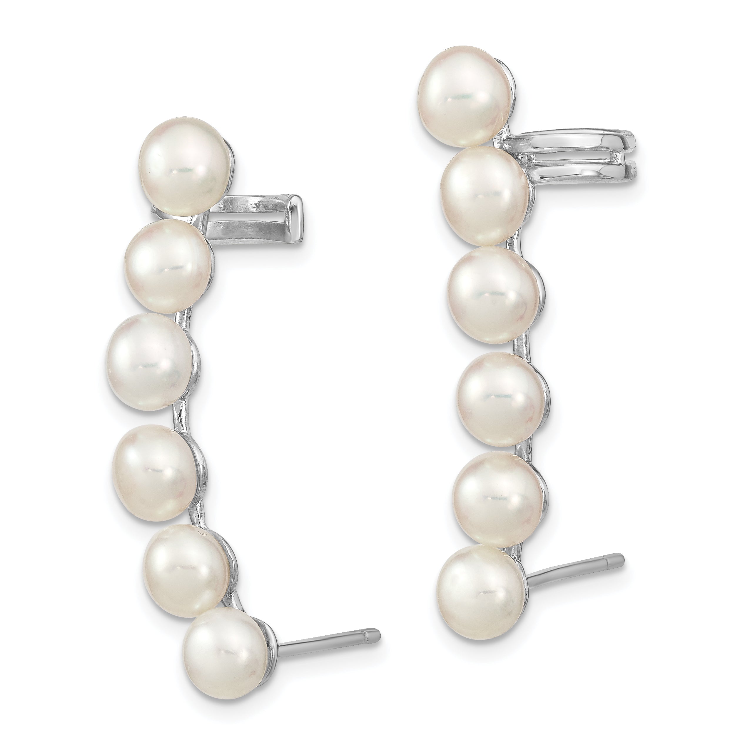 Sterling Silver Rhodium-plated 5-6mm White Button Freshwater Cultured Pearl Post Ear Climber and Cuff Earrings