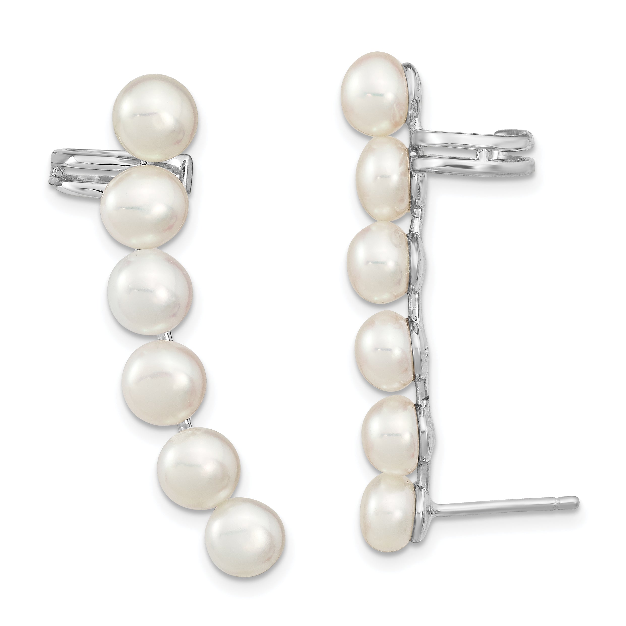 Sterling Silver Rhodium-plated 5-6mm White Button Freshwater Cultured Pearl Post Ear Climber and Cuff Earrings Main image