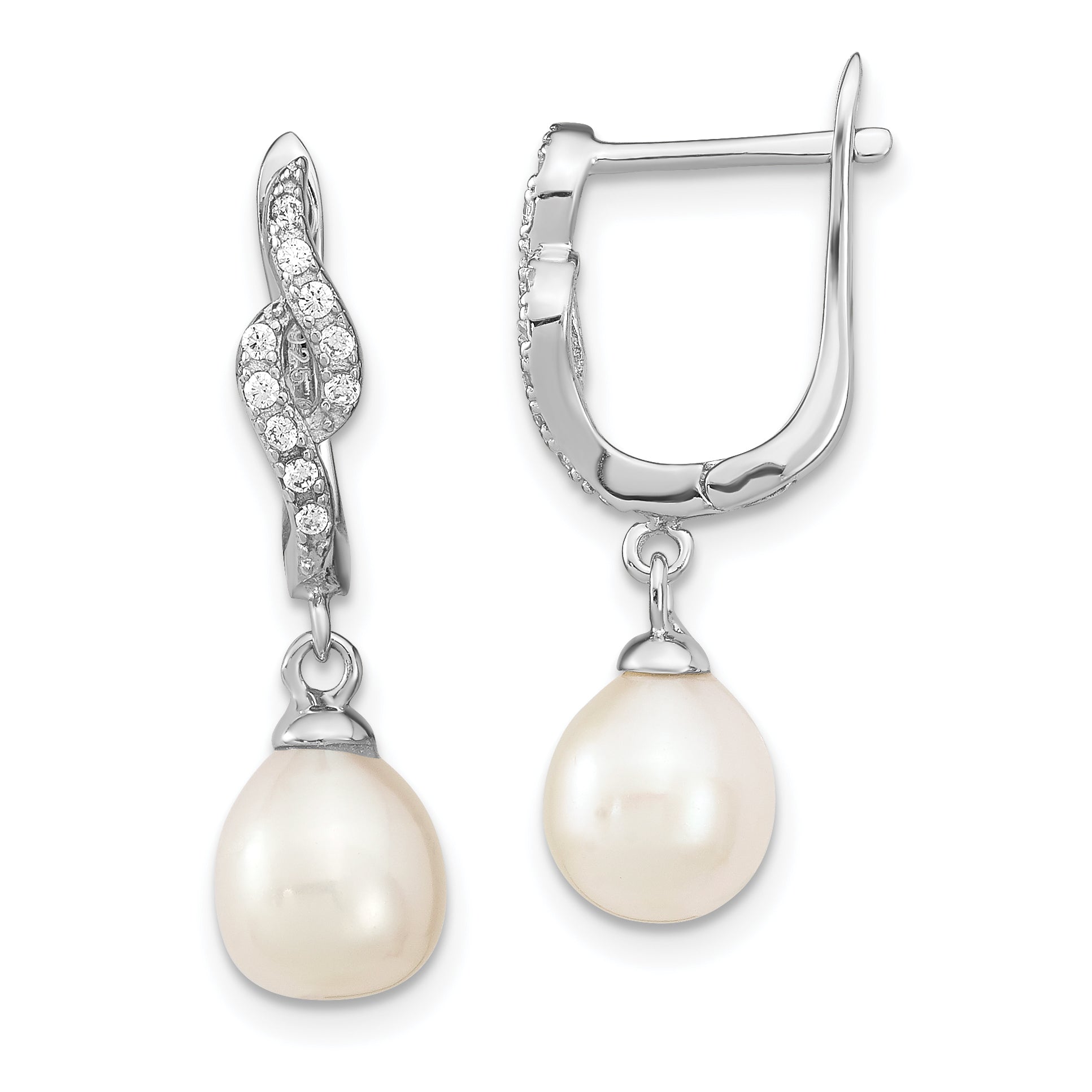 Sterling Silver Rhodium-Plated 7-8mm White Freshwater Cultured Pearl Leverback Earrings Main image