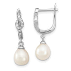 Sterling Silver Rhodium-Plated 7-8mm White Freshwater Cultured Pearl Leverback Earrings