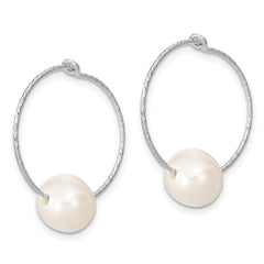 Sterling Silver Rhodium-plated 8-9mm White Round Freshwater Cultured Pearl Hoop Earrings