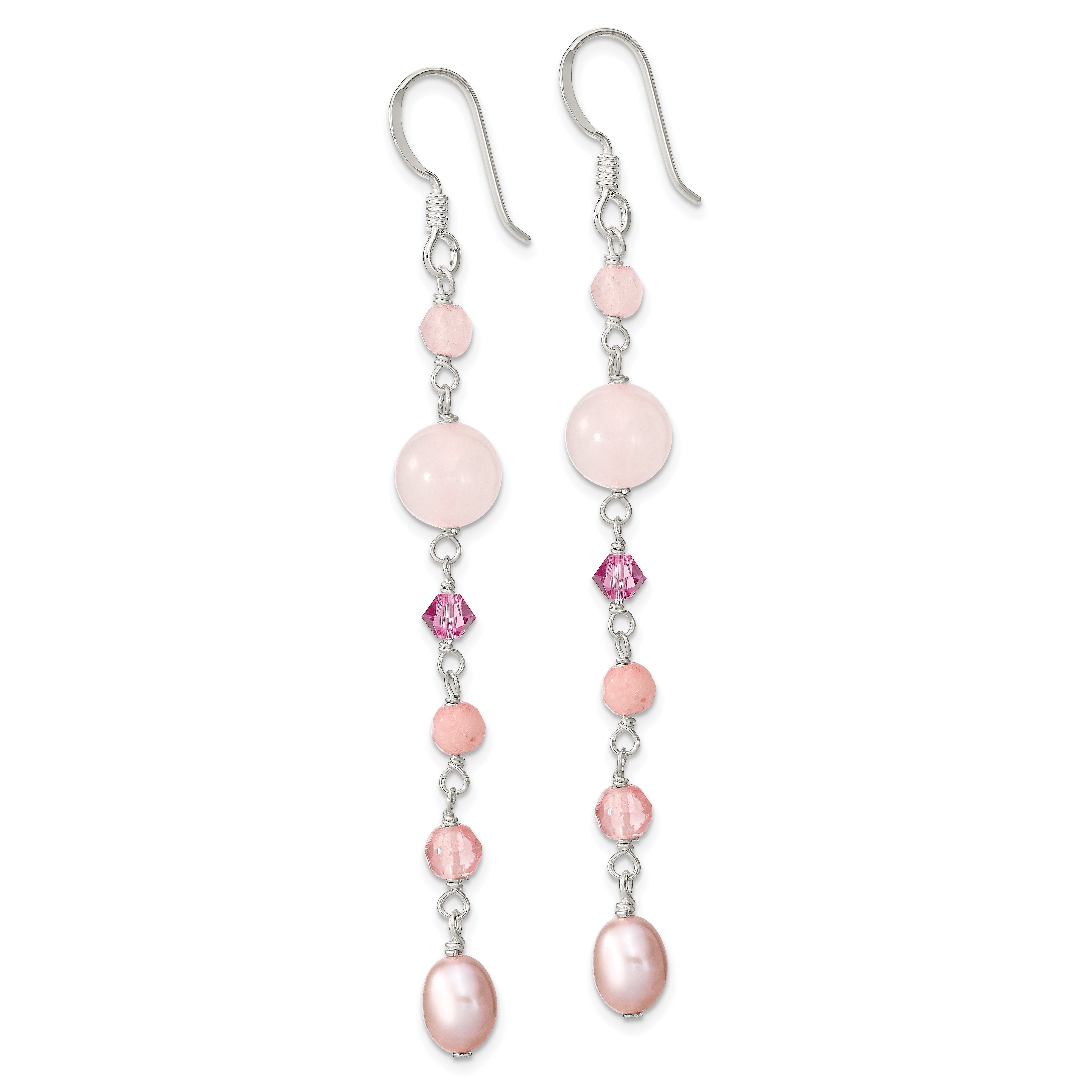 Sterling Silver Polished Pink FWC Pearl, Pink Jade, Rosaline, Cherry & Rose Quartz Dangle Earrings Secondary image