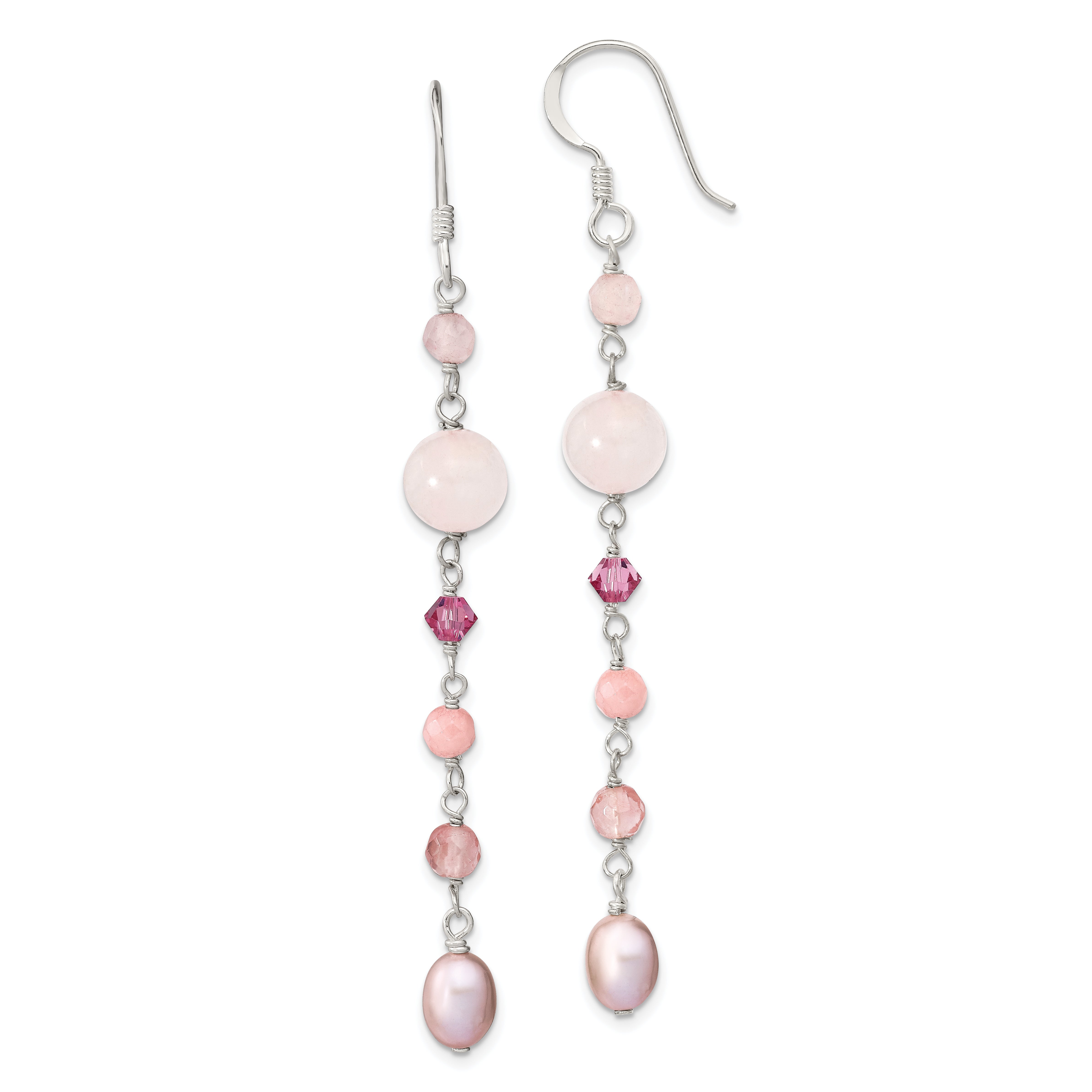 Sterling Silver Polished Pink FWC Pearl, Pink Jade, Rosaline, Cherry & Rose Quartz Dangle Earrings Main image