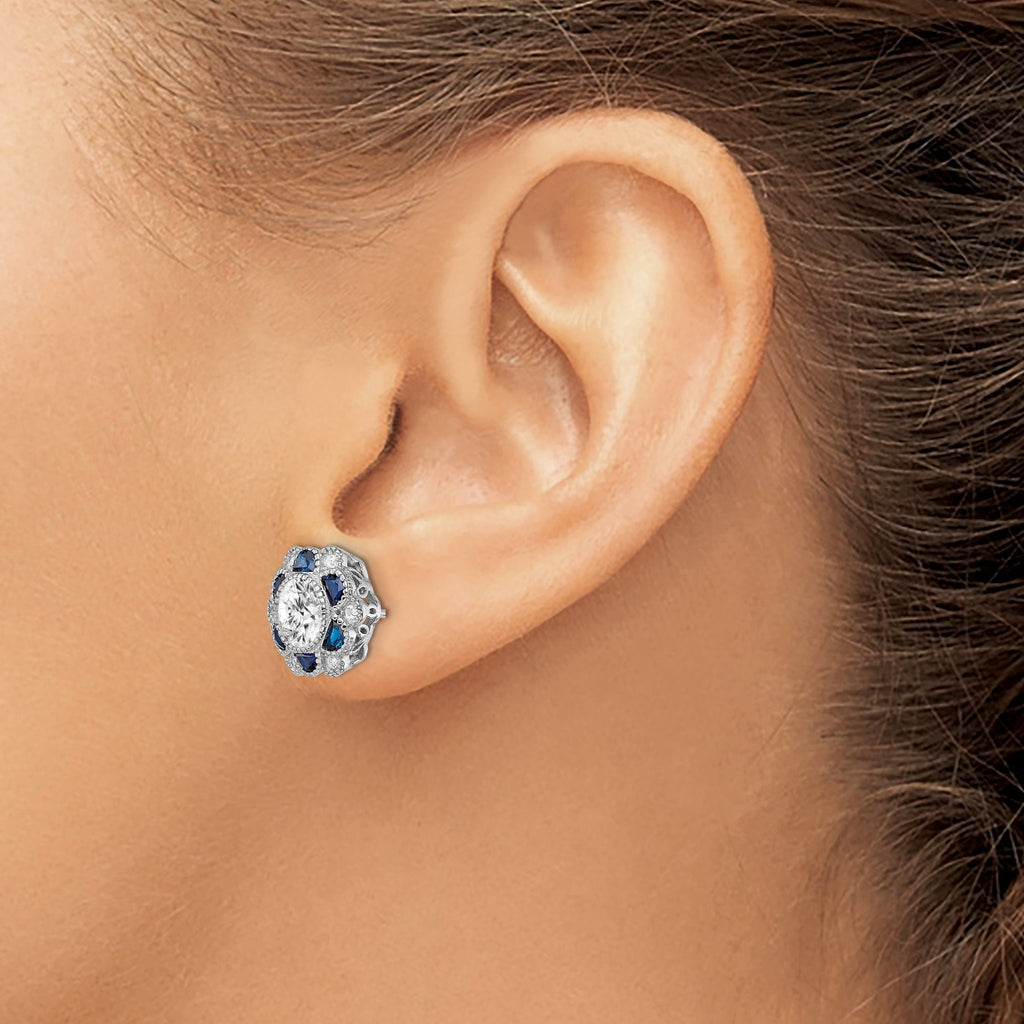 Blue Spinel & Cubic Zirconia Flower Stud Earrings in Sterling Silver, 12.5mm - Sophia Jewelers