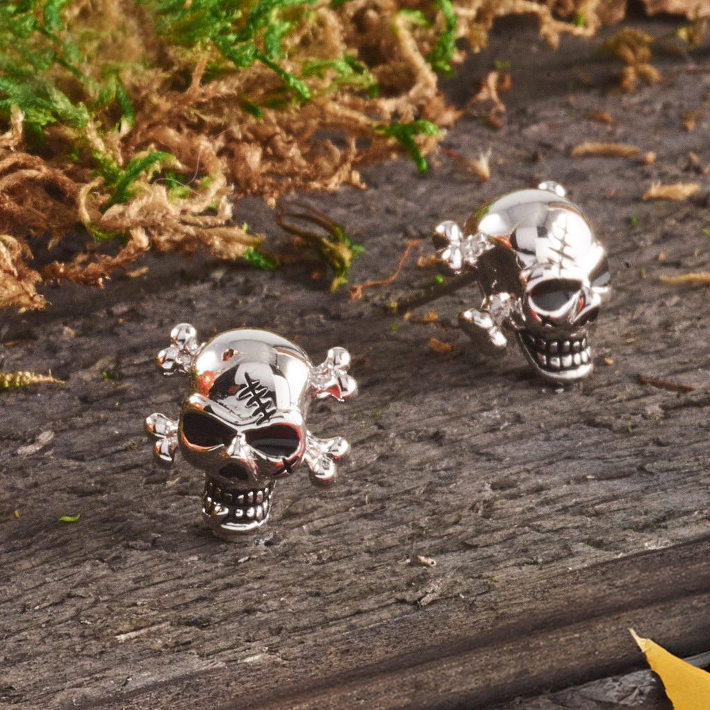 Enameled Skull Stud Earrings in Sterling Silver, 12.5mm Antiqued - Sophia Jewelers