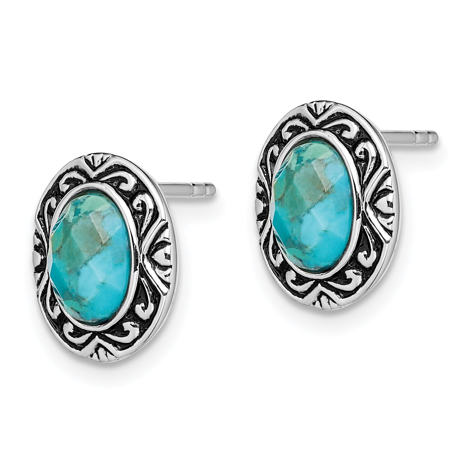 Sterling Silver Rhodium/Oxidized w/Recon. Turquoise Post Earrings Secondary image