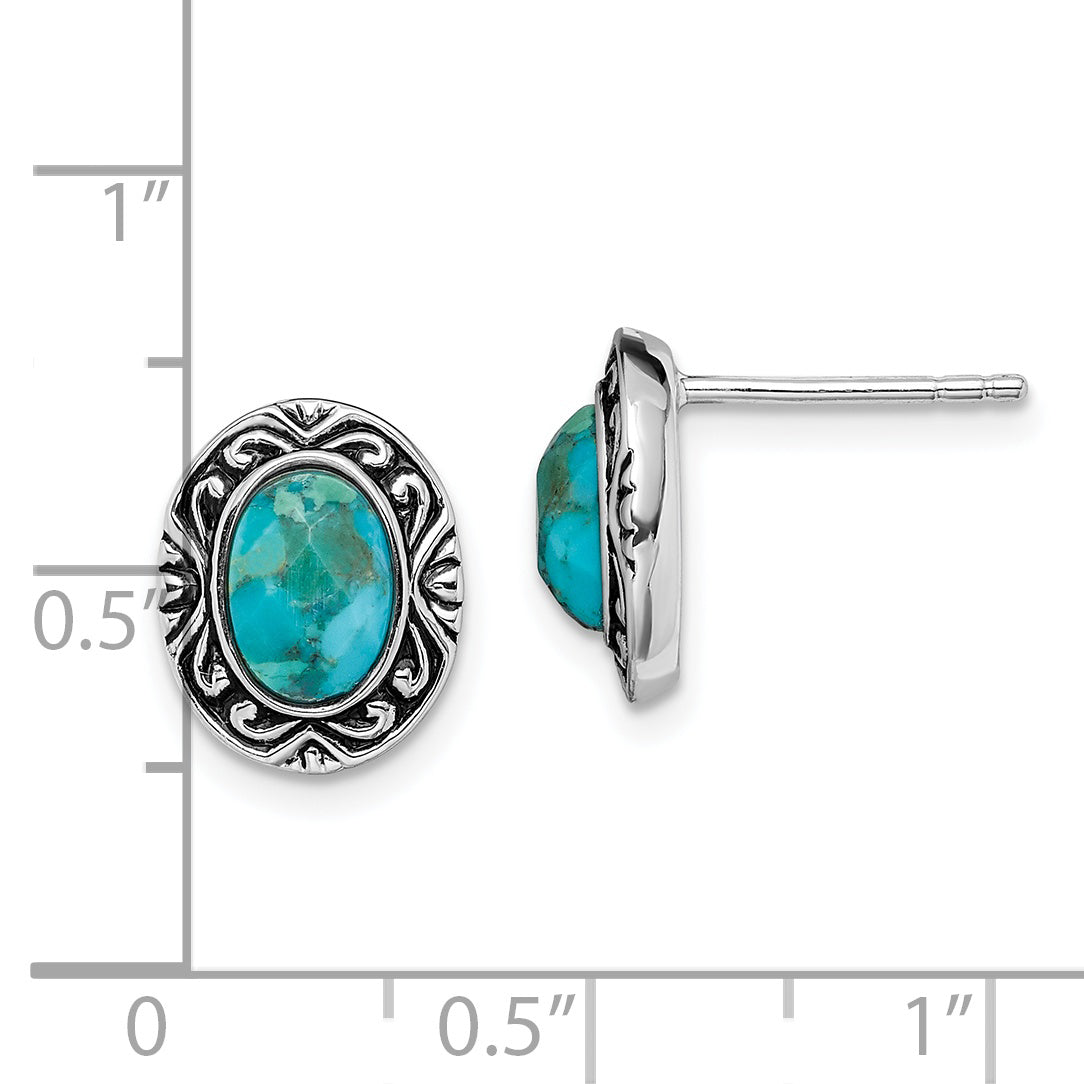 Sterling Silver Rhodium/Oxidized w/Recon. Turquoise Post Earrings