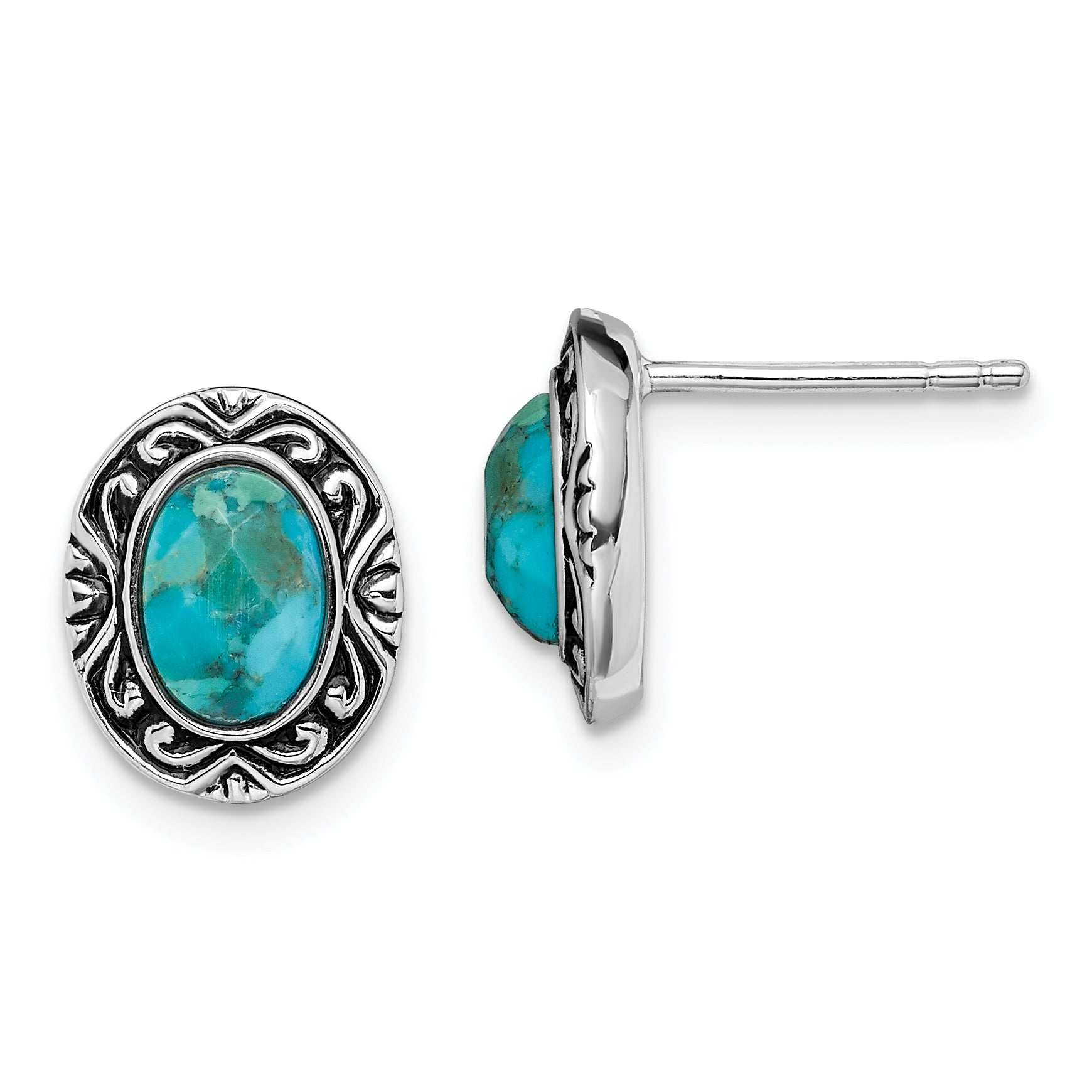 Sterling Silver Rhodium/Oxidized w/Recon. Turquoise Post Earrings Main image
