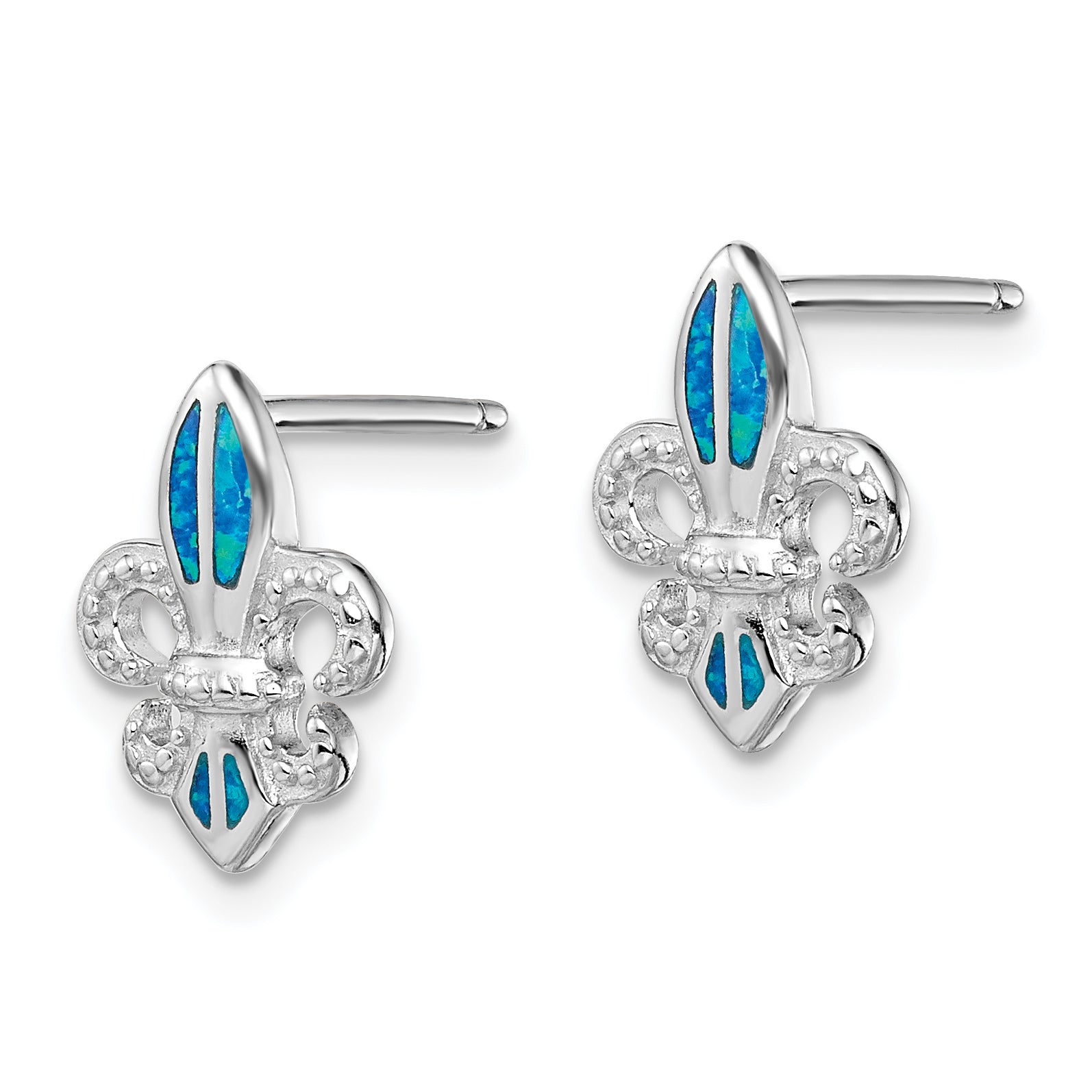 Sterling Silver Rhodium-plated Polished & Beaded Blue Created Opal Fleur De Lis Post Earrings Secondary image