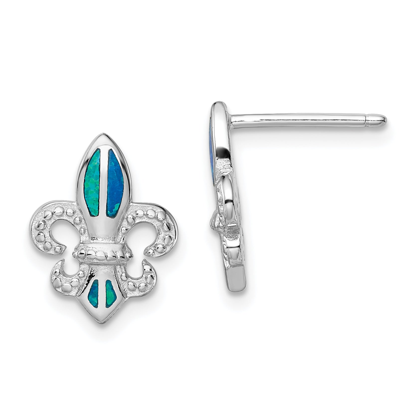 Sterling Silver Rhodium-plated Polished & Beaded Blue Created Opal Fleur De Lis Post Earrings Main image