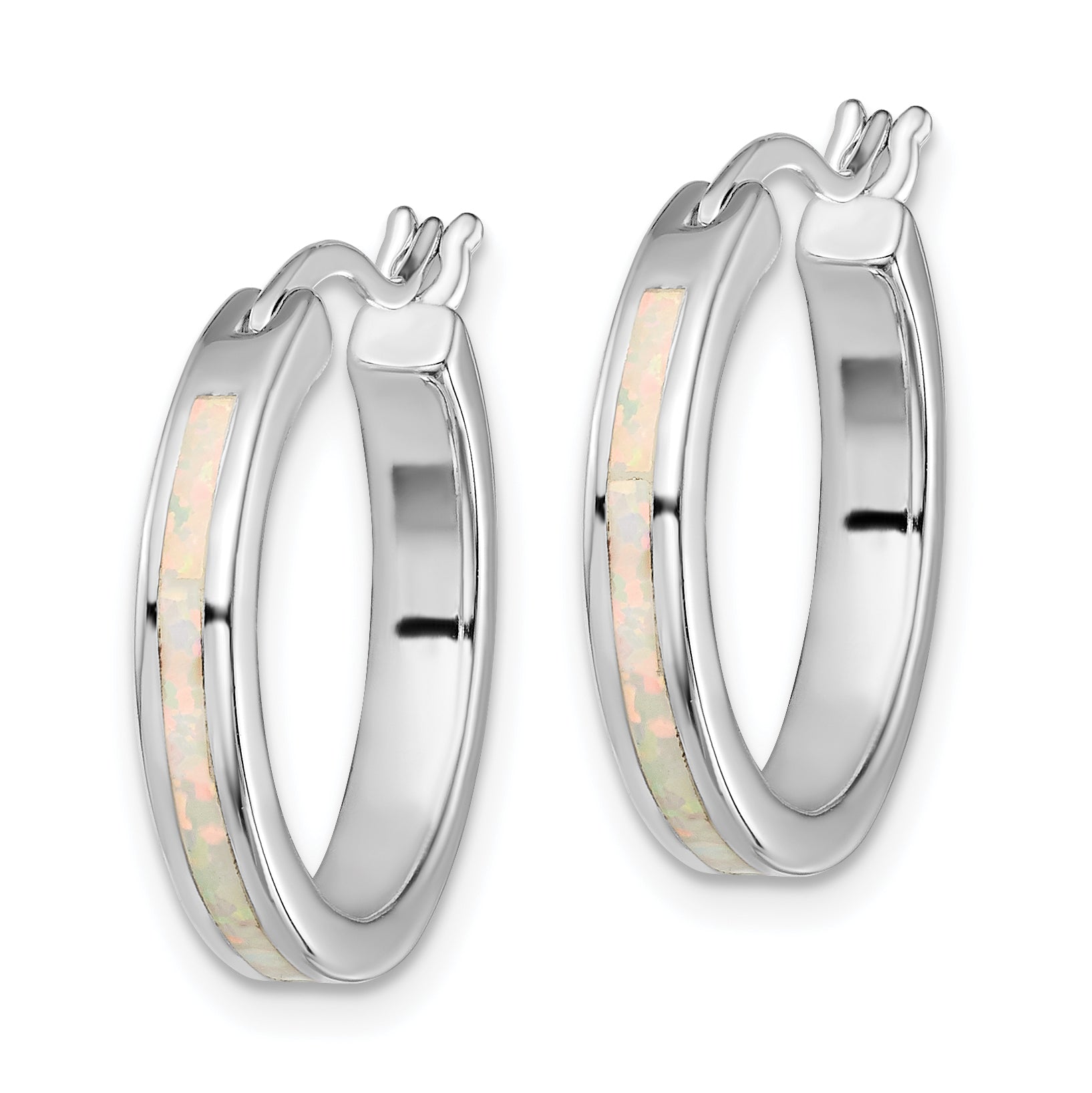 Sterling Silver Rhodium-plated Created Opal Inlay Round Hoop Earrings Secondary image