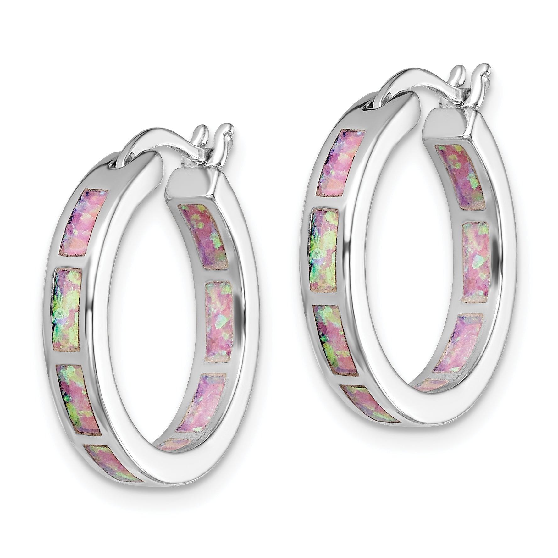 Sterling Silver Rhodium-plated Pink Cr. Opal In/Out Round Hoop Earrings Secondary image