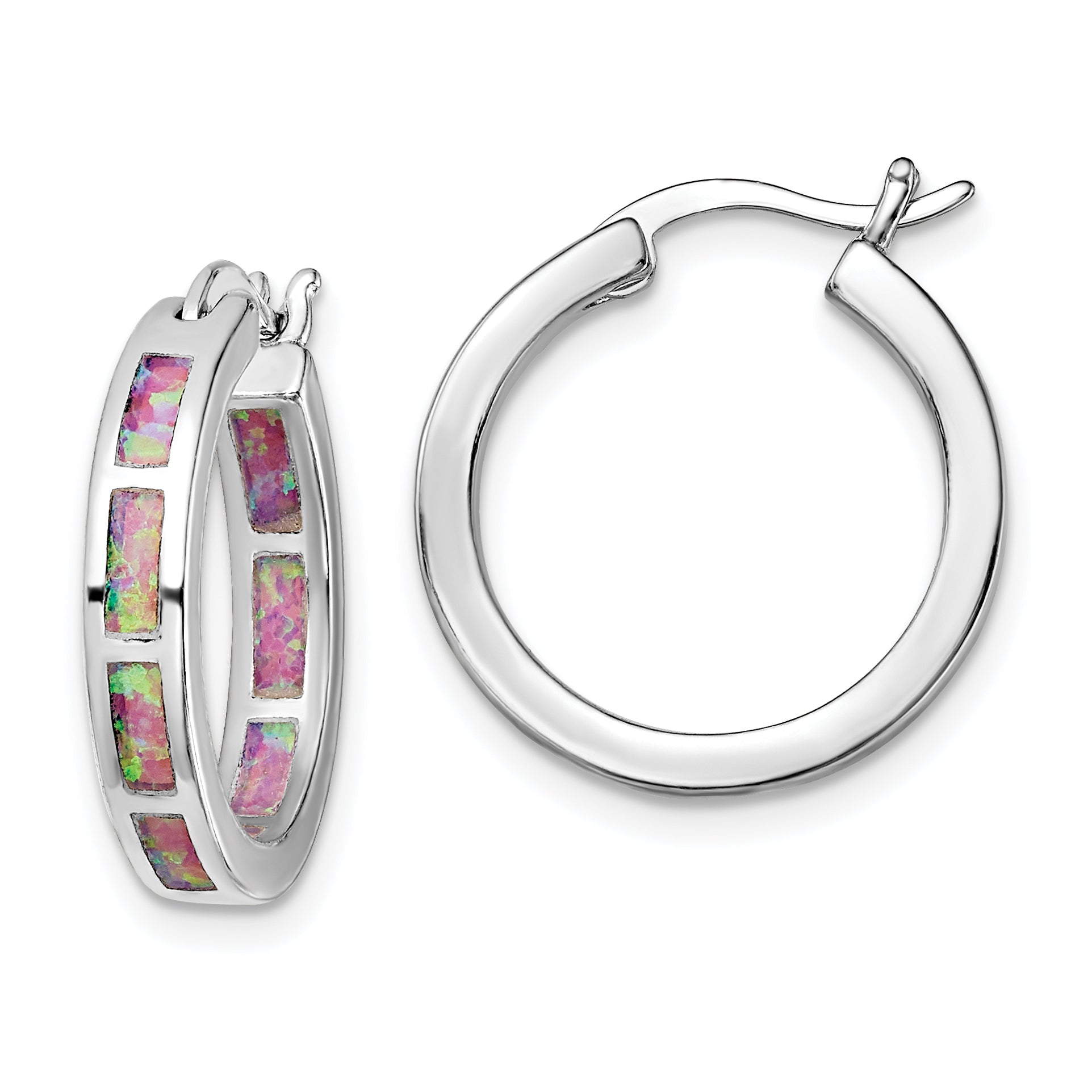 Sterling Silver Rhodium-plated Pink Cr. Opal In/Out Round Hoop Earrings Main image
