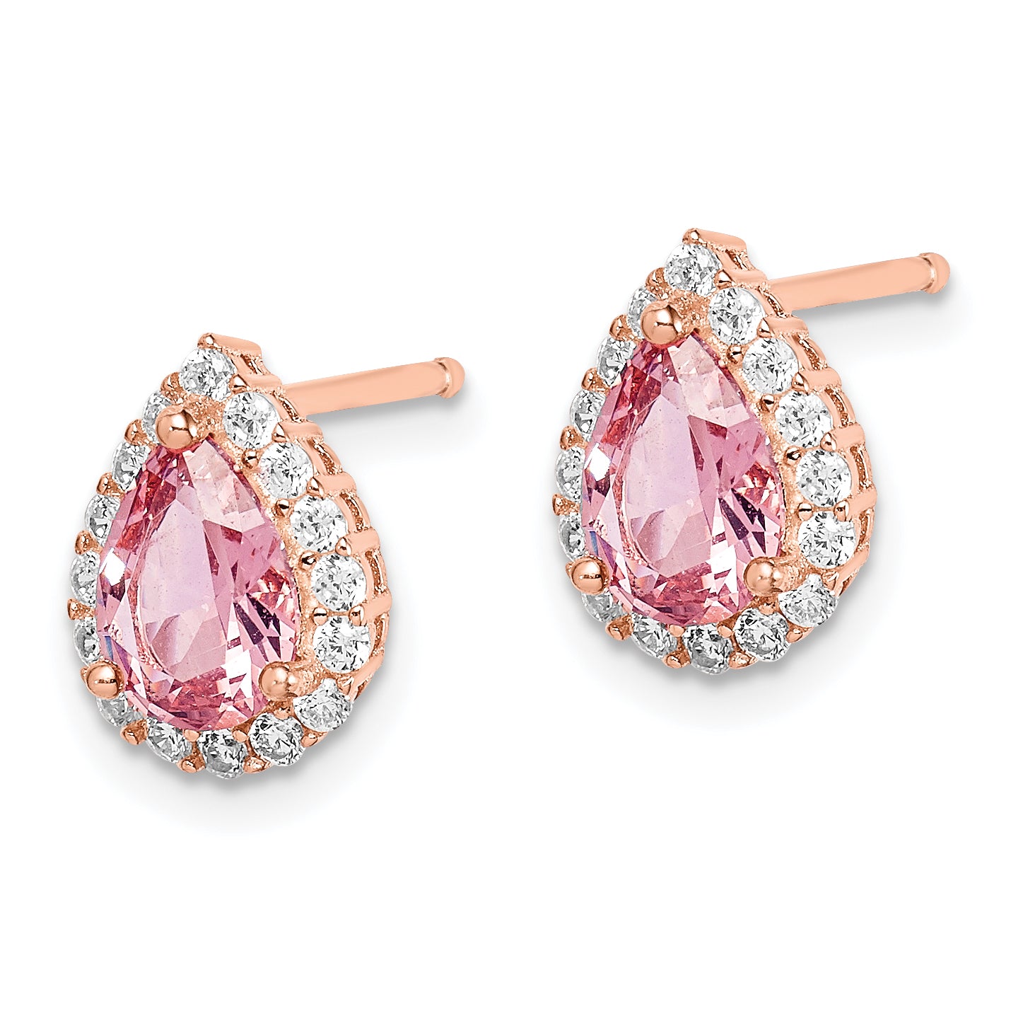 Sterling Silver Rose-tone Post CZ and Pear Teardrop Pink Crystal Earrings
