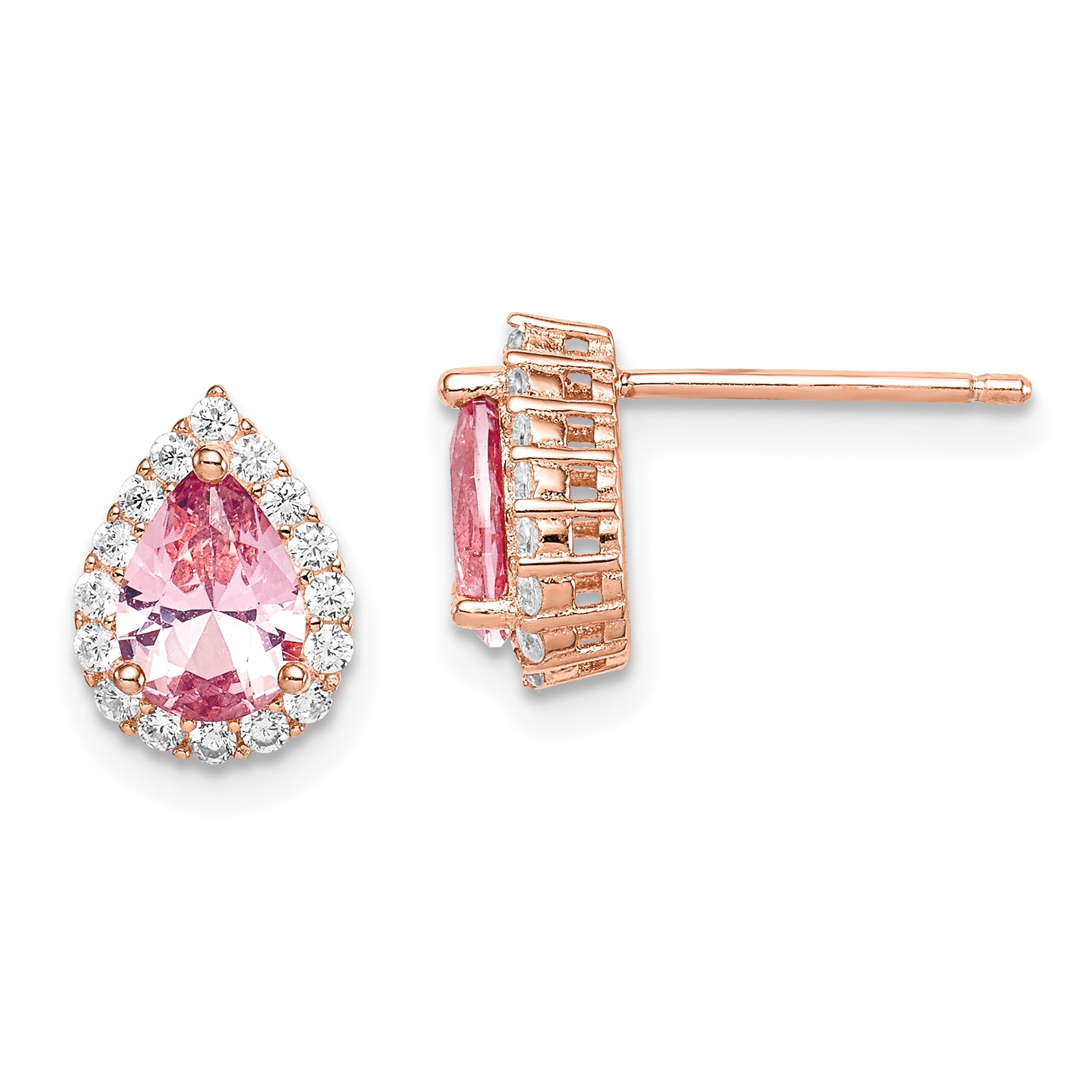 Sterling Silver Rose-tone Post CZ and Pear Teardrop Pink Crystal Earrings