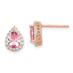 Sterling Silver Rose-tone Post CZ and Pear Teardrop Pink Crystal Earrings