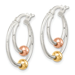 Sterling Silver Rose and Gold Tone Bead Hoop Earrings