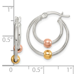 Sterling Silver Rose and Gold Tone Bead Hoop Earrings