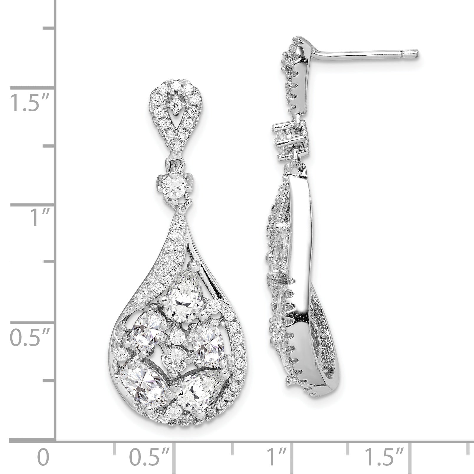 Sterling Silver RH-plated Polished Fancy CZ Teardrop Post Dangle Earrings