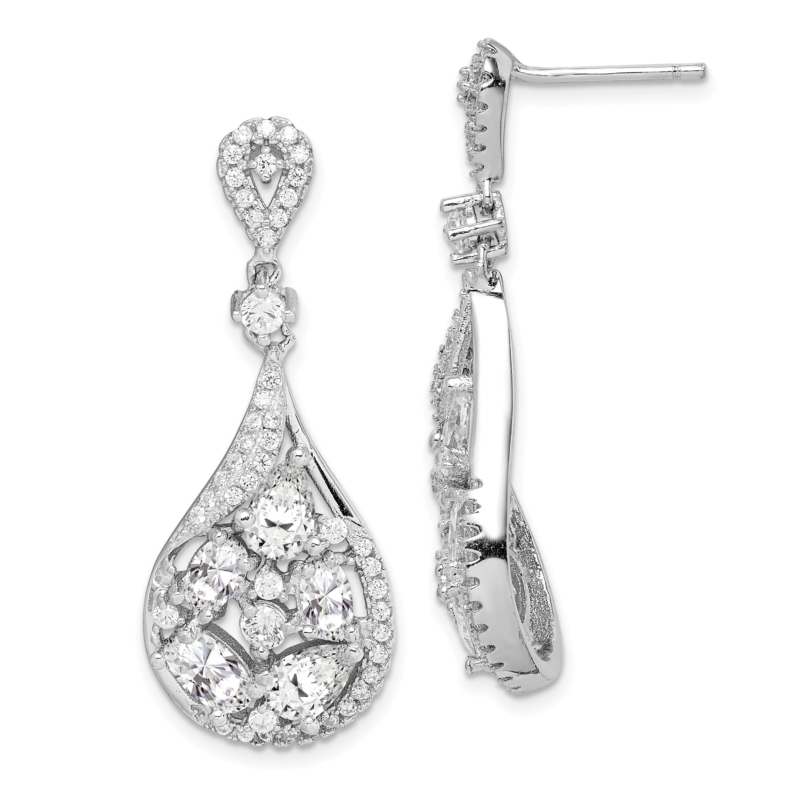 Sterling Silver RH-plated Polished Fancy CZ Teardrop Post Dangle Earrings Main image