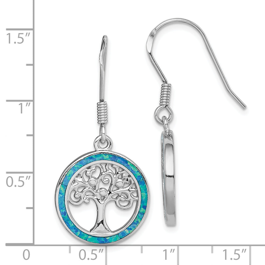 Sterling Silver Rhodium-plated Creat Blue Opal w/ Tree Dangle Earrings