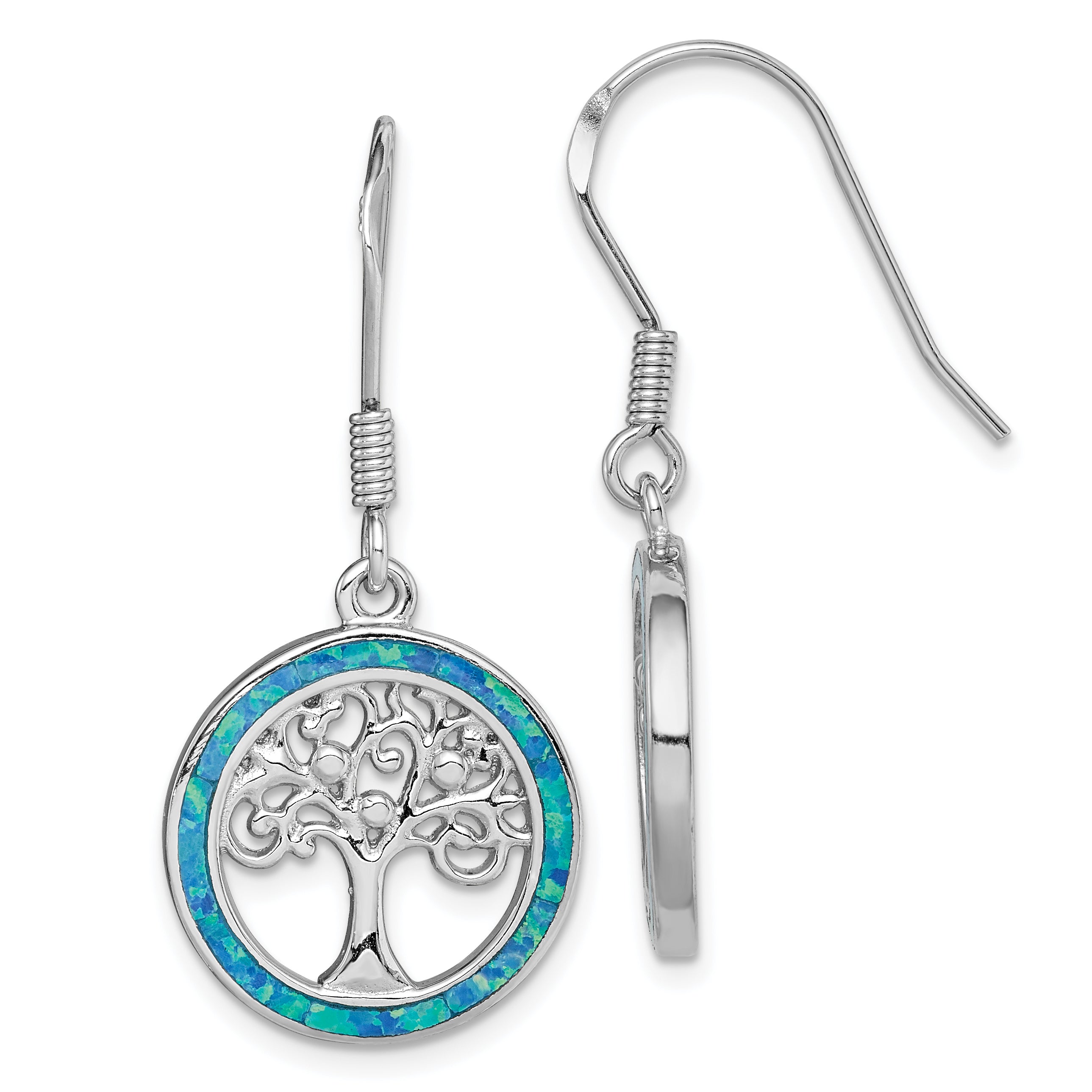 Sterling Silver Rhodium-plated Creat Blue Opal w/ Tree Dangle Earrings Main image