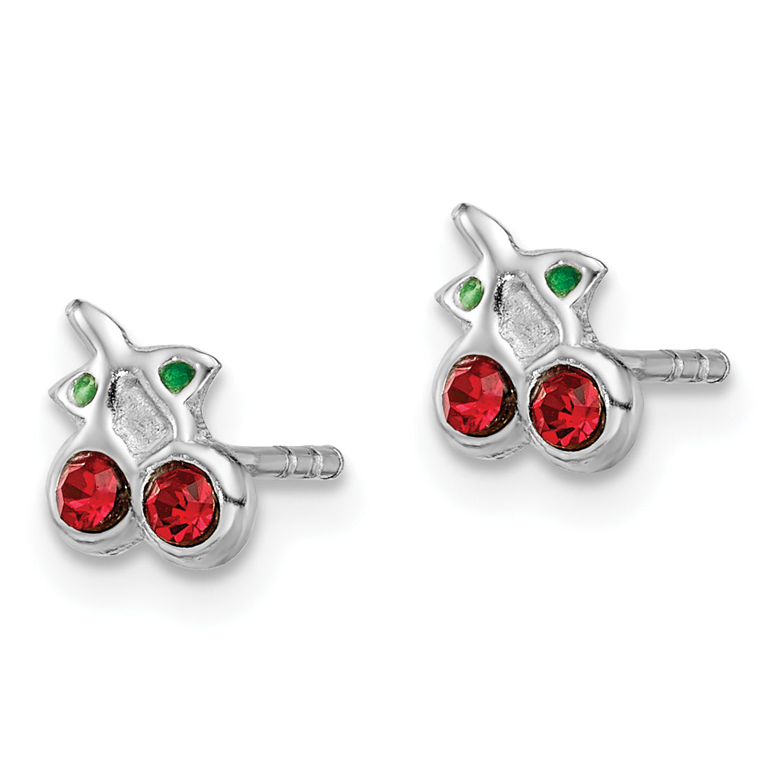 Sterling Silver Rhodium-plated Polished Red & Green Crystal Cherries Children's Post Earrings Secondary image