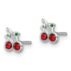 Sterling Silver Rhodium-plated Polished Red & Green Crystal Cherries Children's Post Earrings